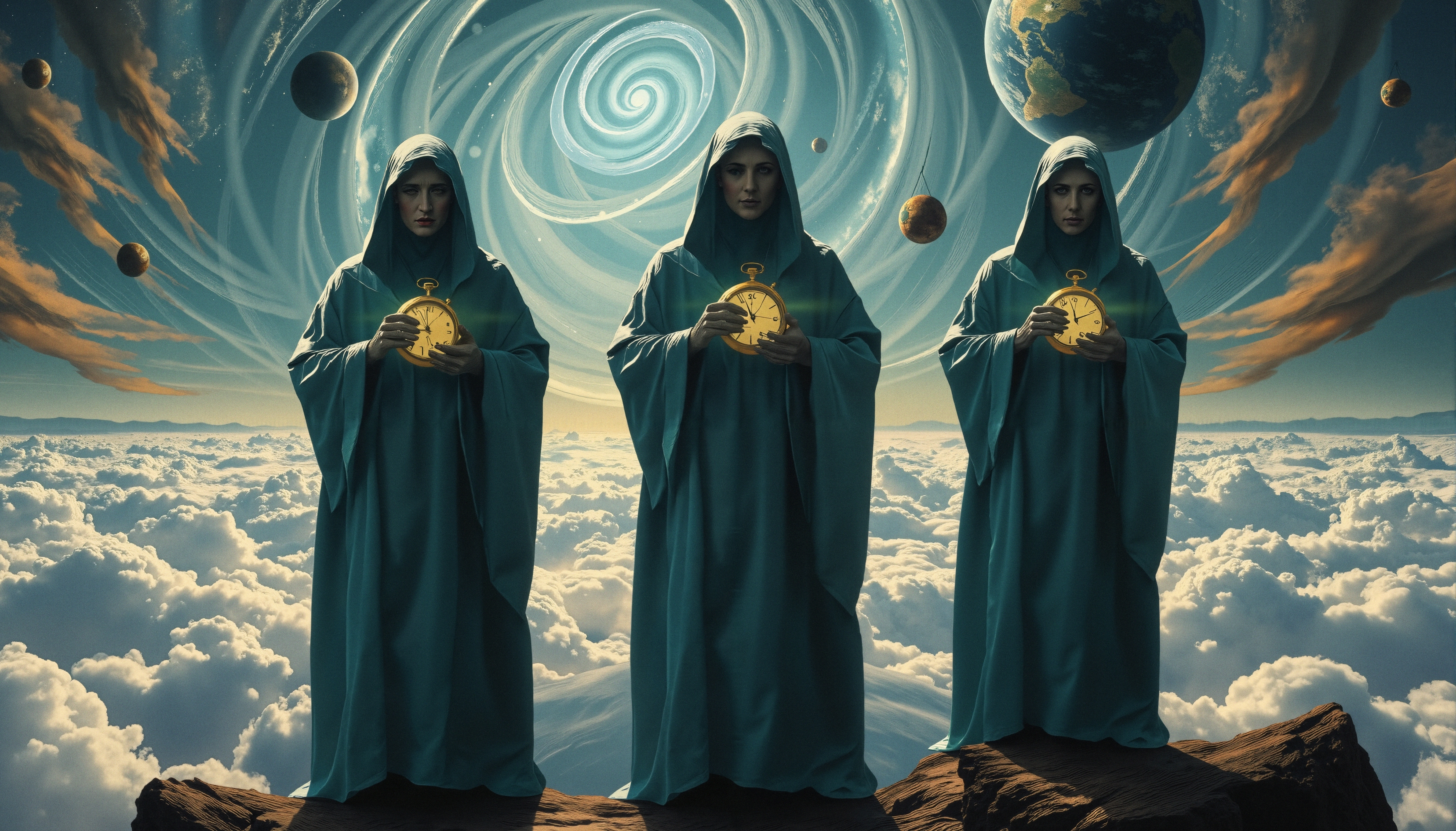 Three mystic figures hold clocks amidst clouds.