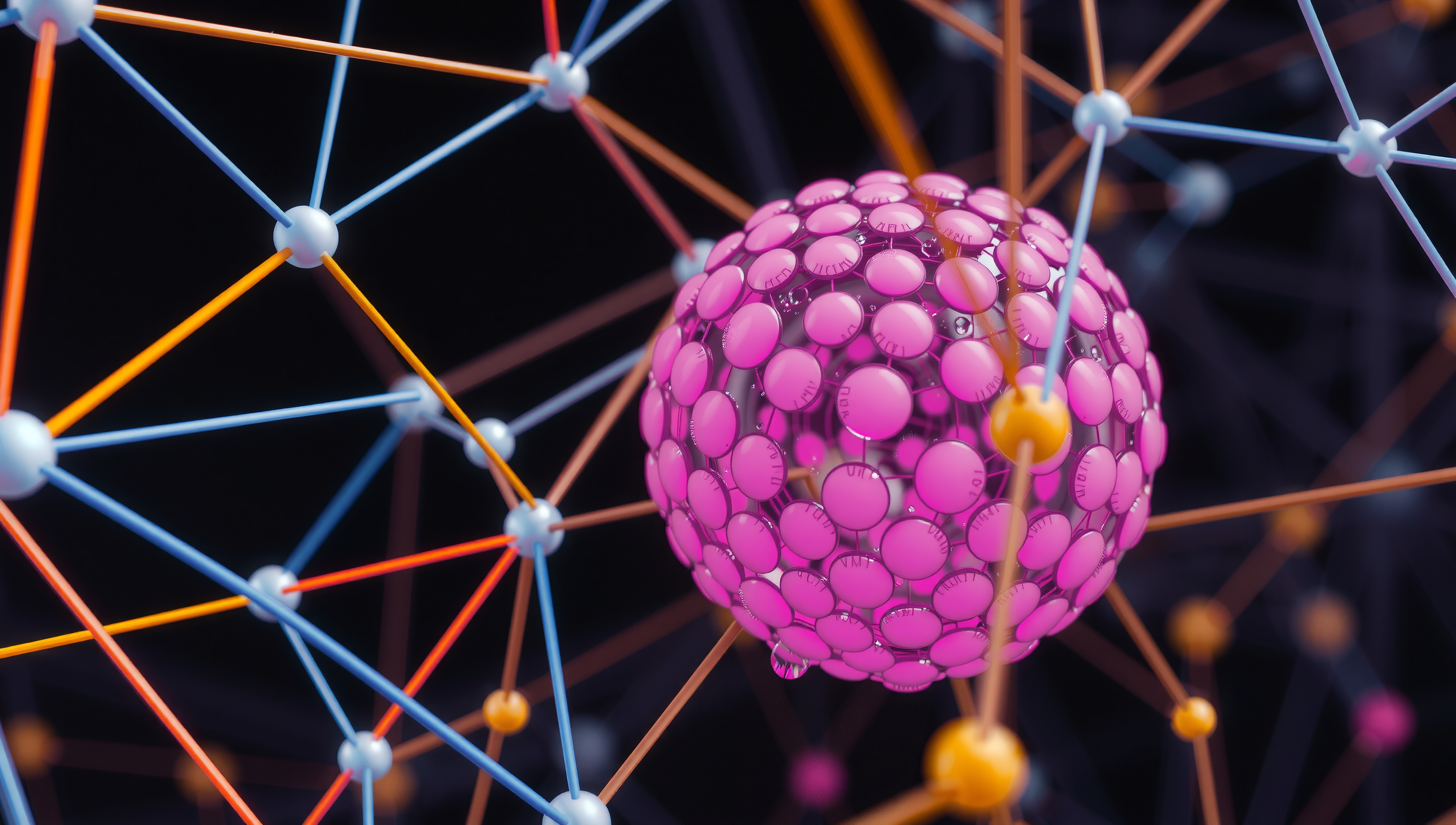 3D abstract digital network with interconnected nodes and colorful lines.