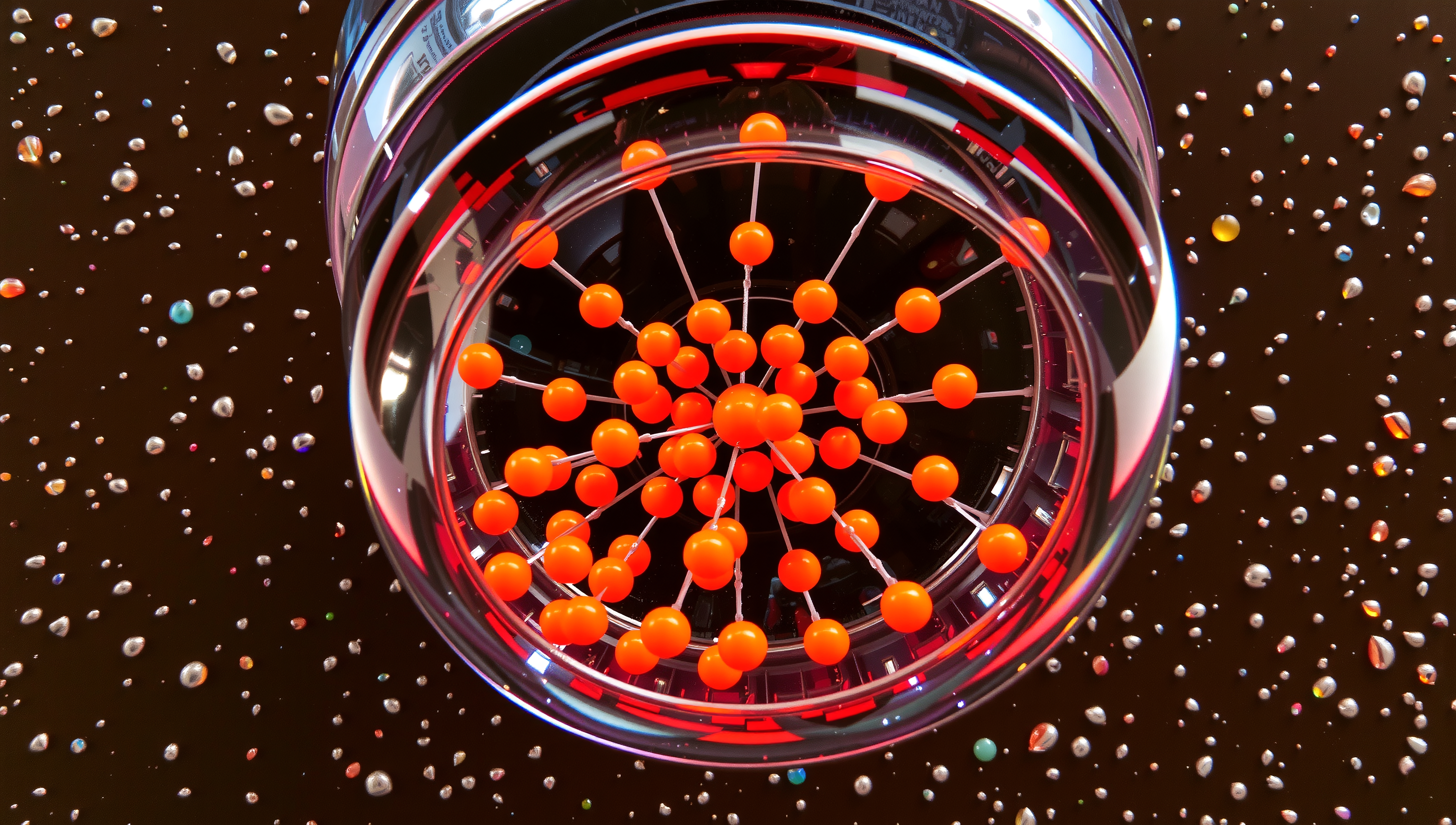 Futuristic design with orange spheres in metallic structure.
