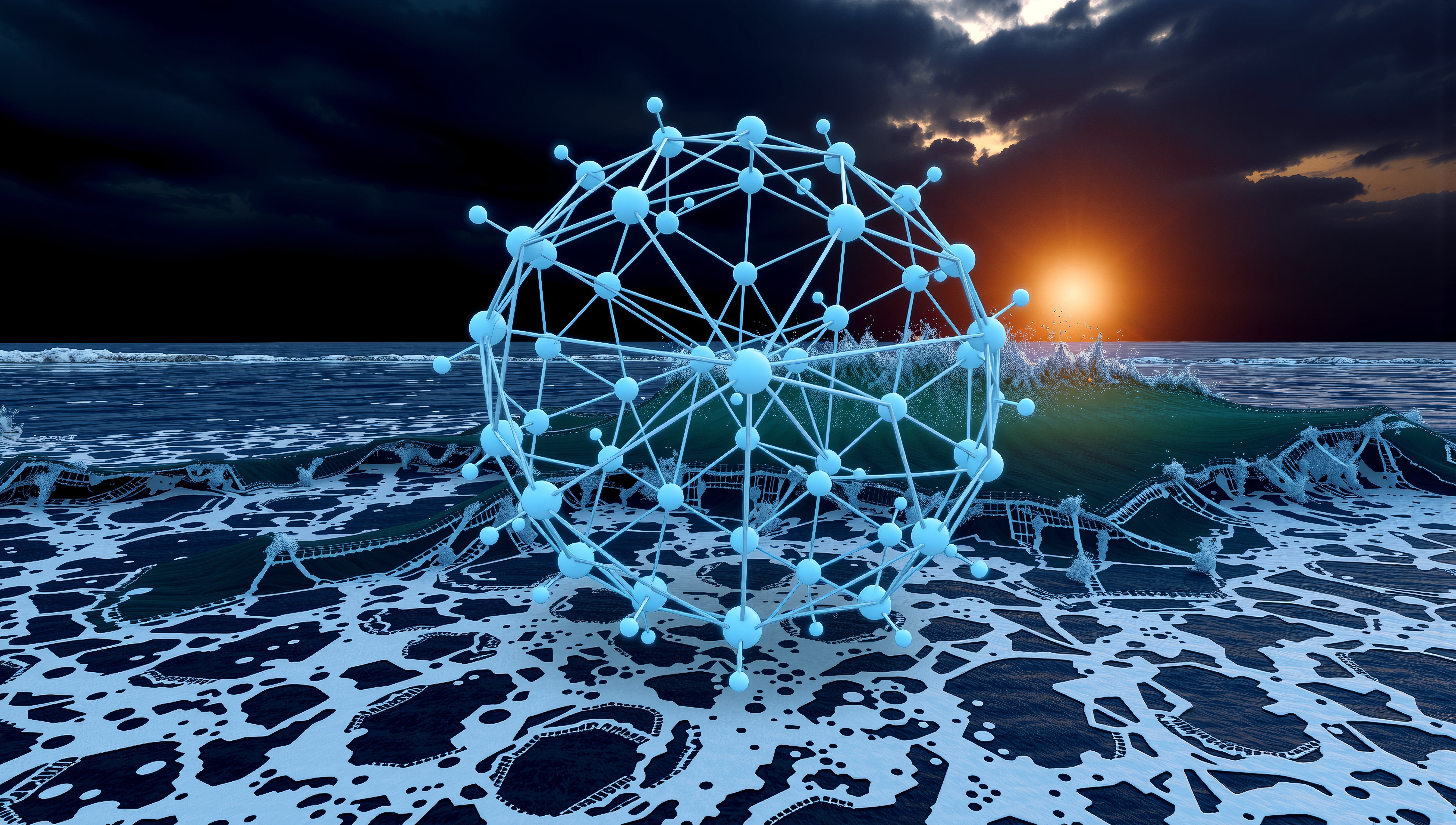 A futuristic network structure floats above a dark ocean with a dramatic sunset in the background, illustrating a surreal combination of nature and technology.