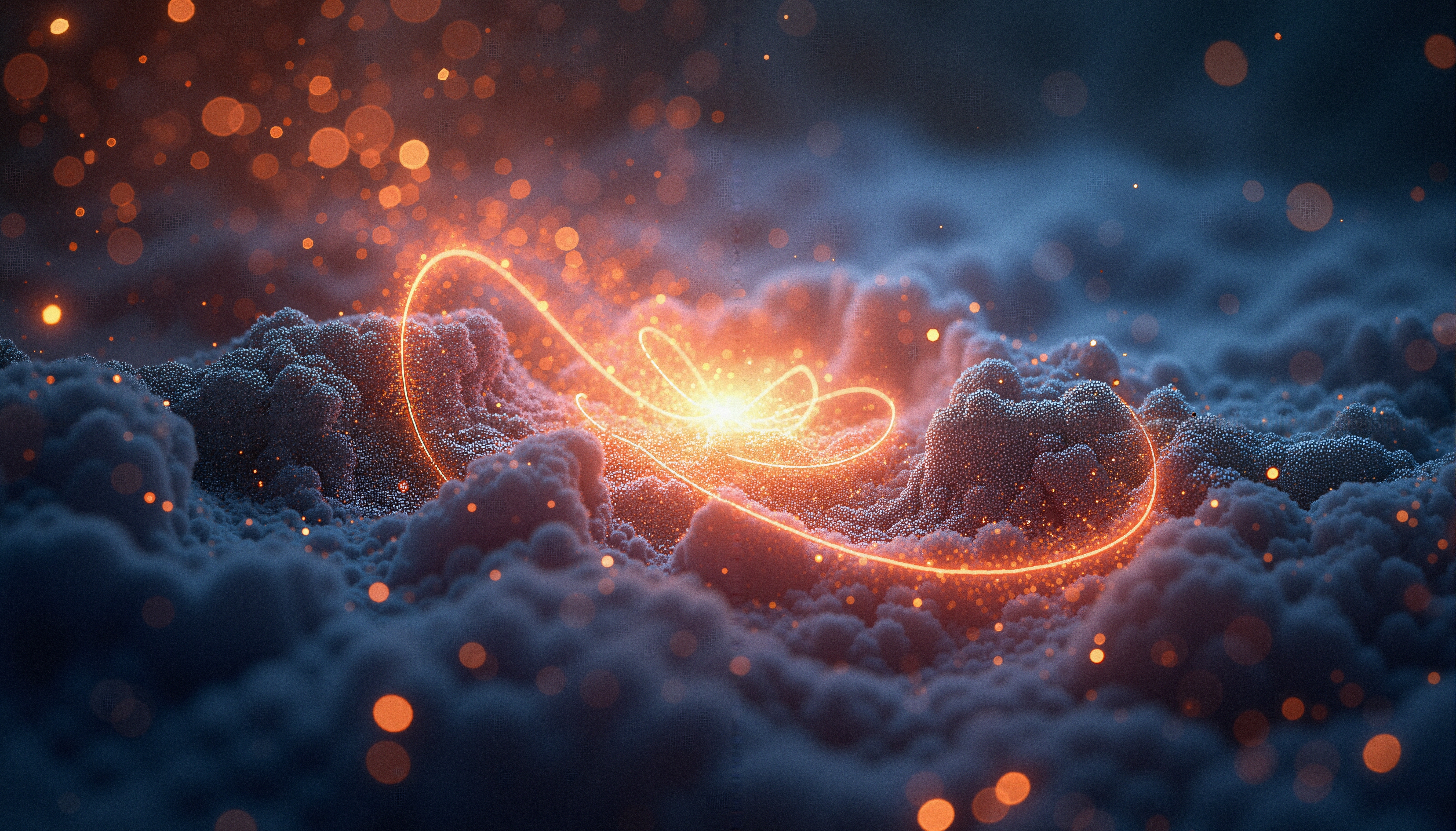 Surreal digital artwork depicting glowing orange light swirling amidst abstract cloud formations with a deep blue background.