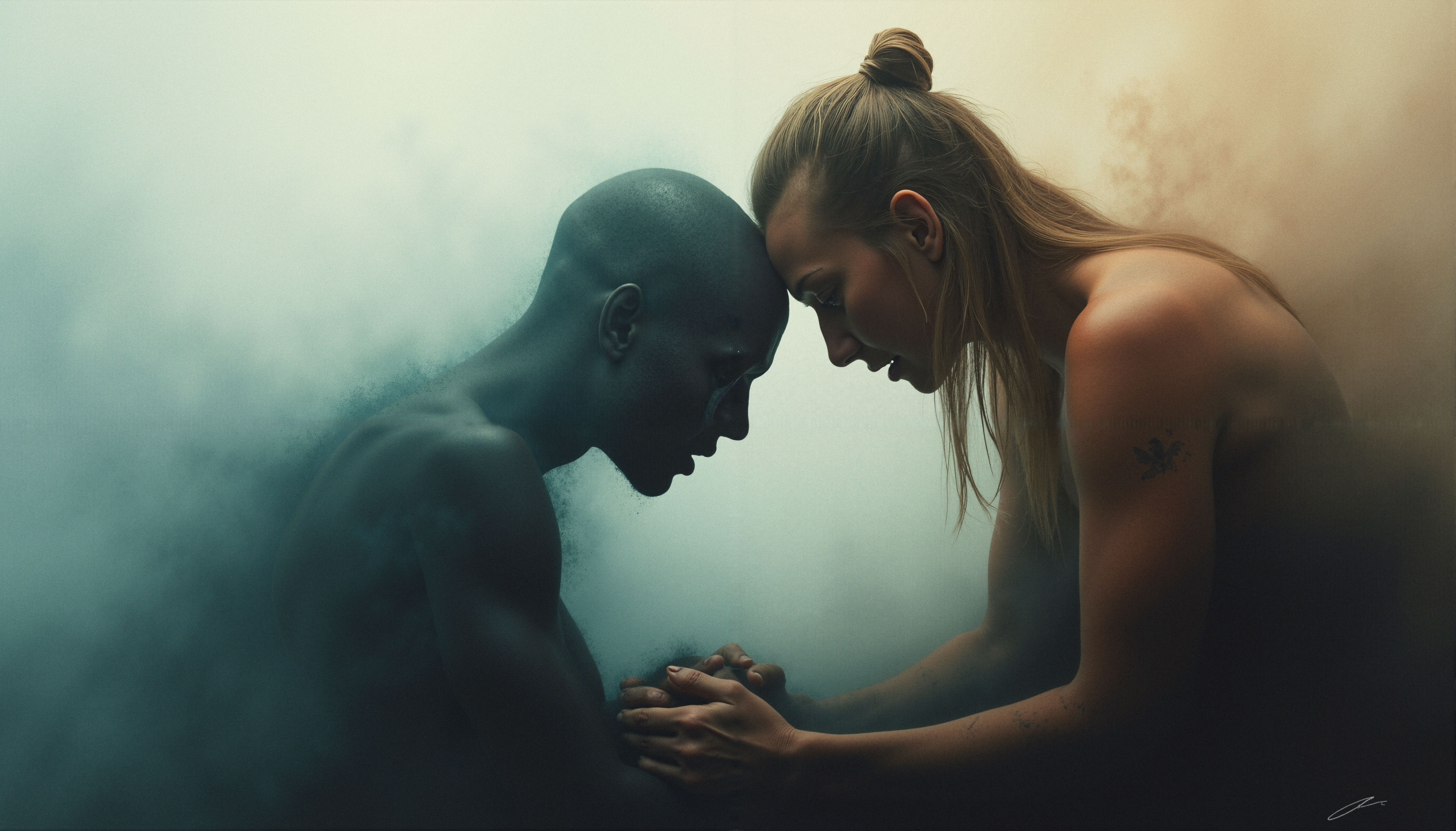 A man and woman share an emotional connection, their foreheads touching amidst mist, in a contemplative scene.