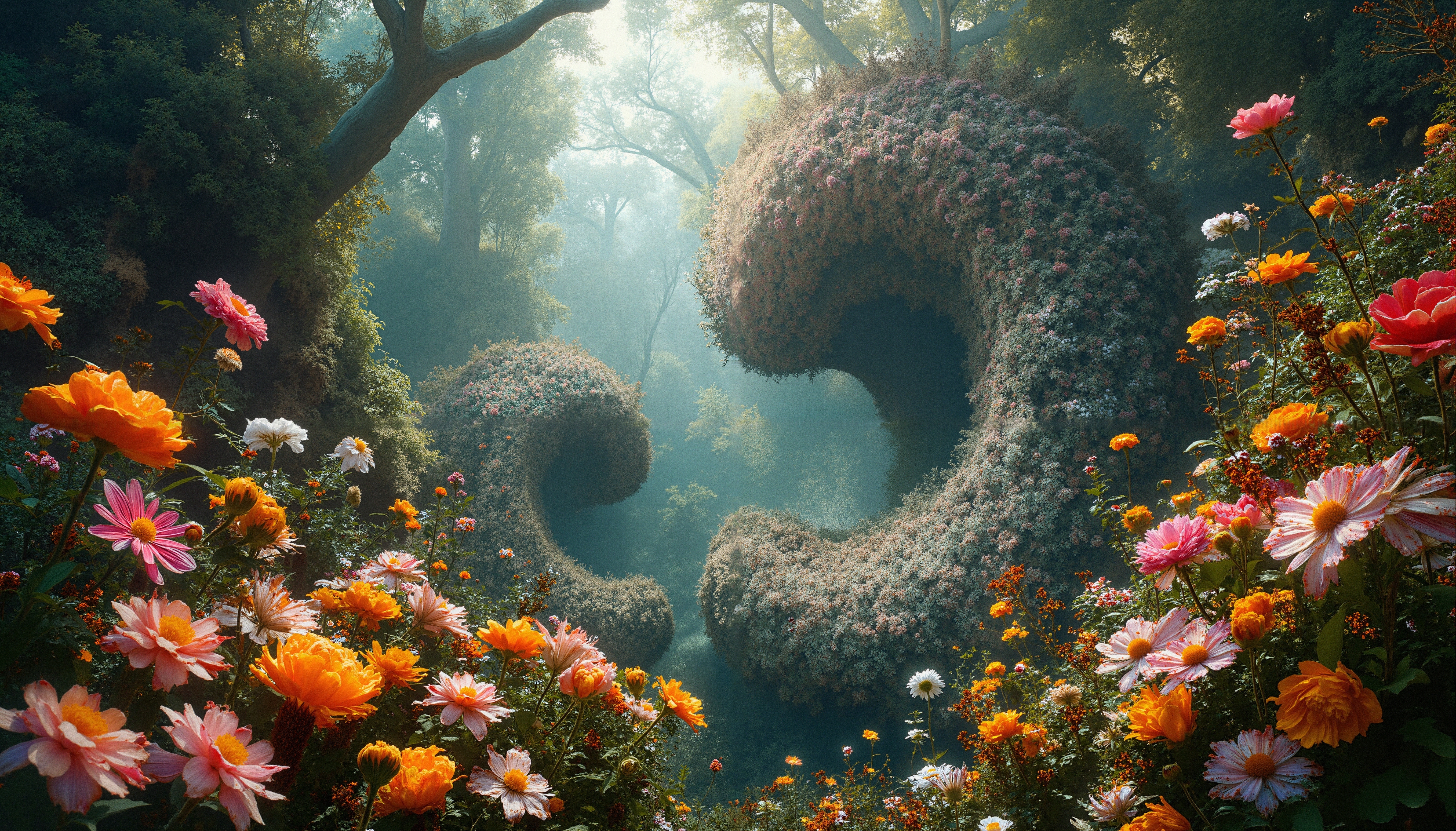 Image of a whimsical forest with vibrant flowers and unique spiral trees creating a magical atmosphere.