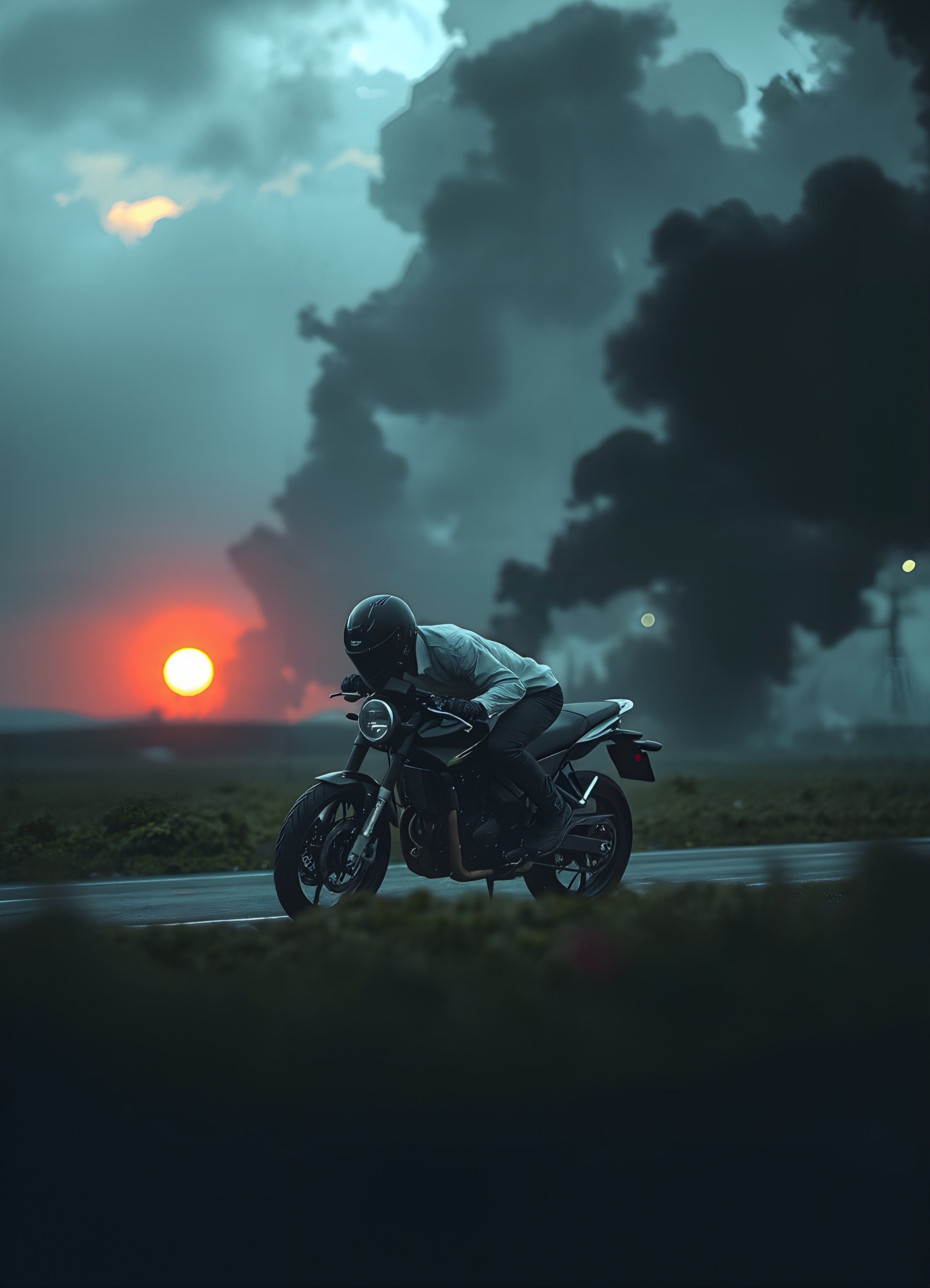 Motorcyclist rides against sunset backdrop.