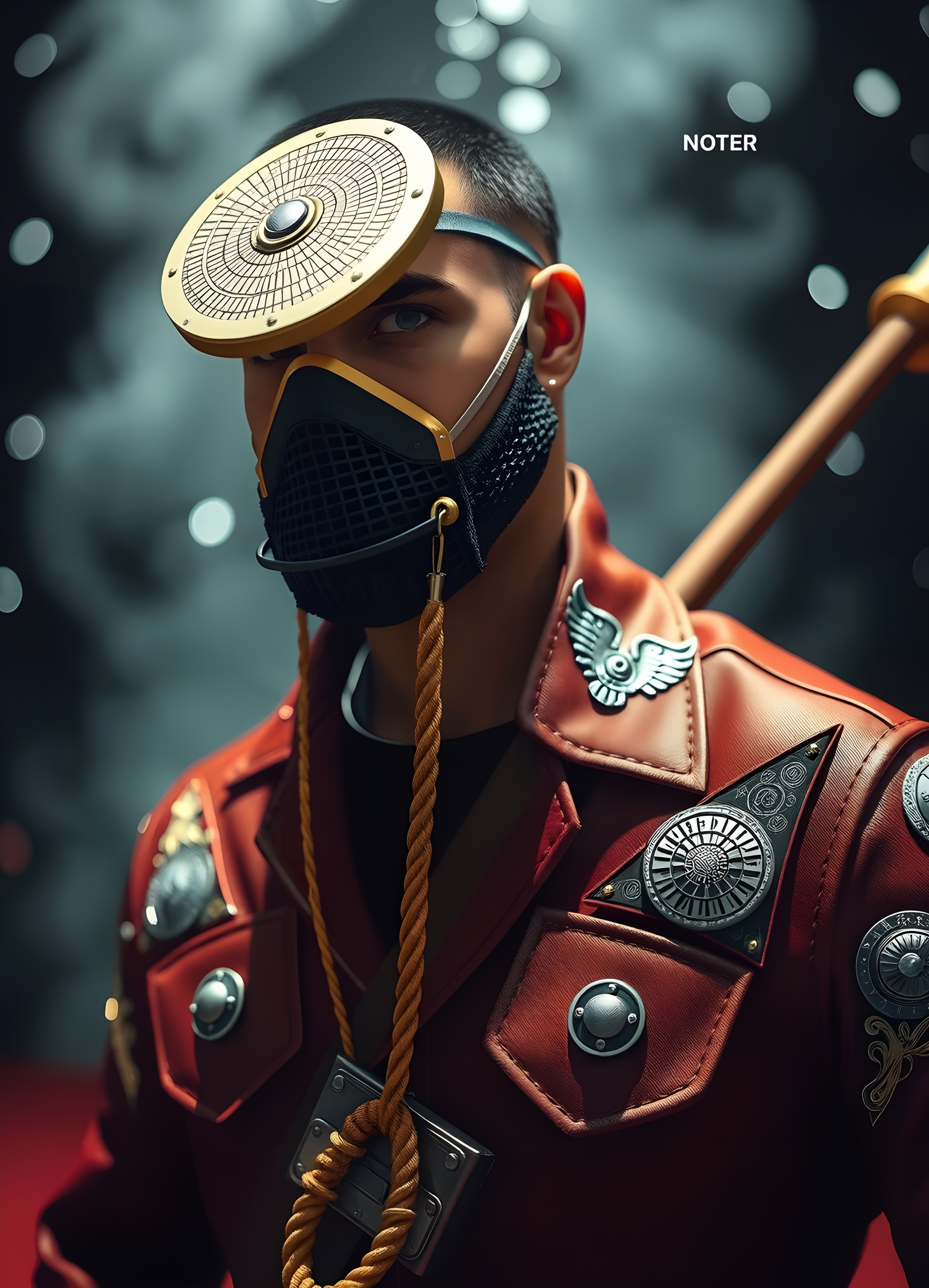 A person in a futuristic outfit with an intricate mask and headgear stands in a dramatic, mysterious setting.