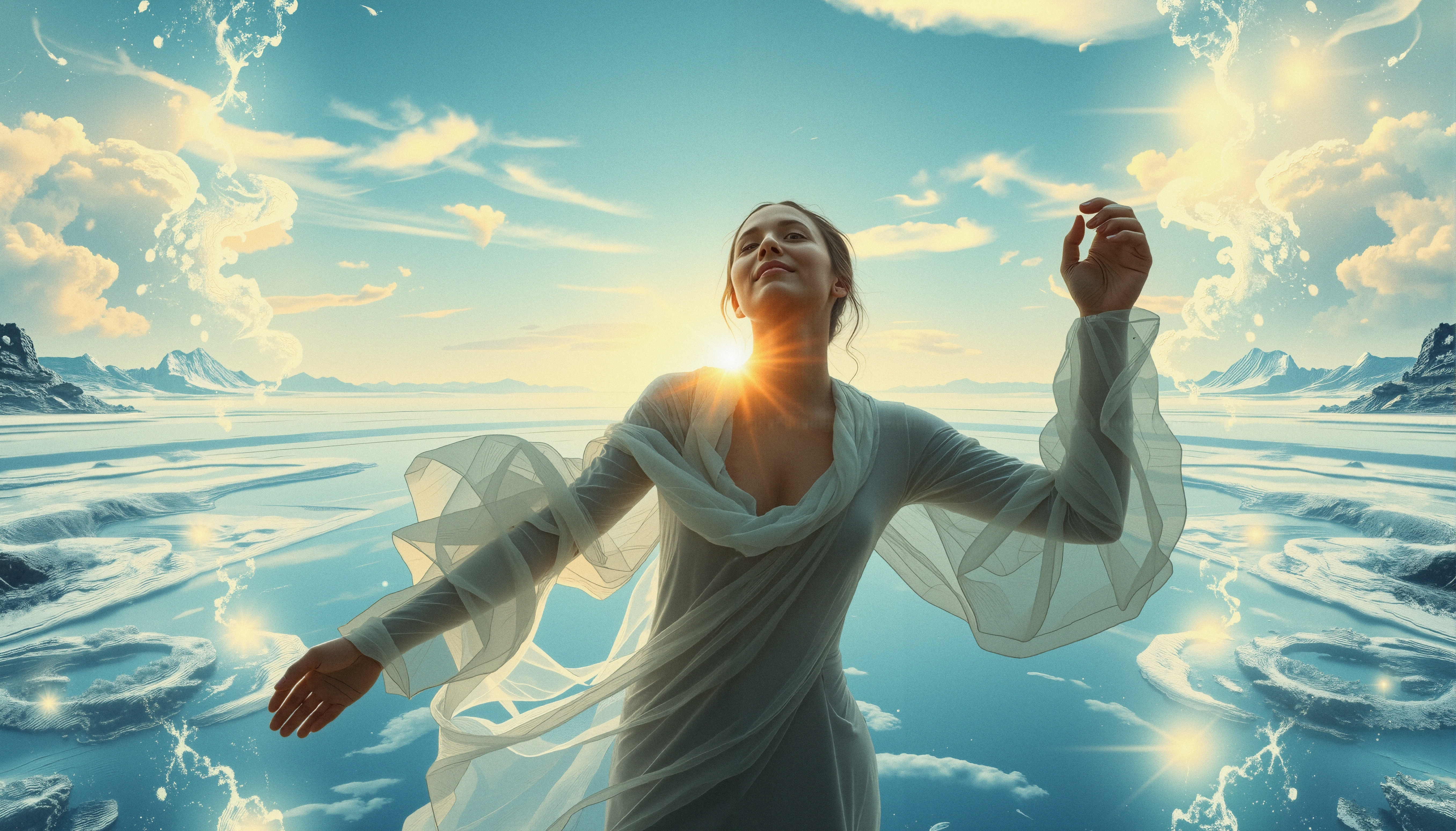 A woman in a flowing dress dances joyfully against a surreal landscape, bathed in radiant light.