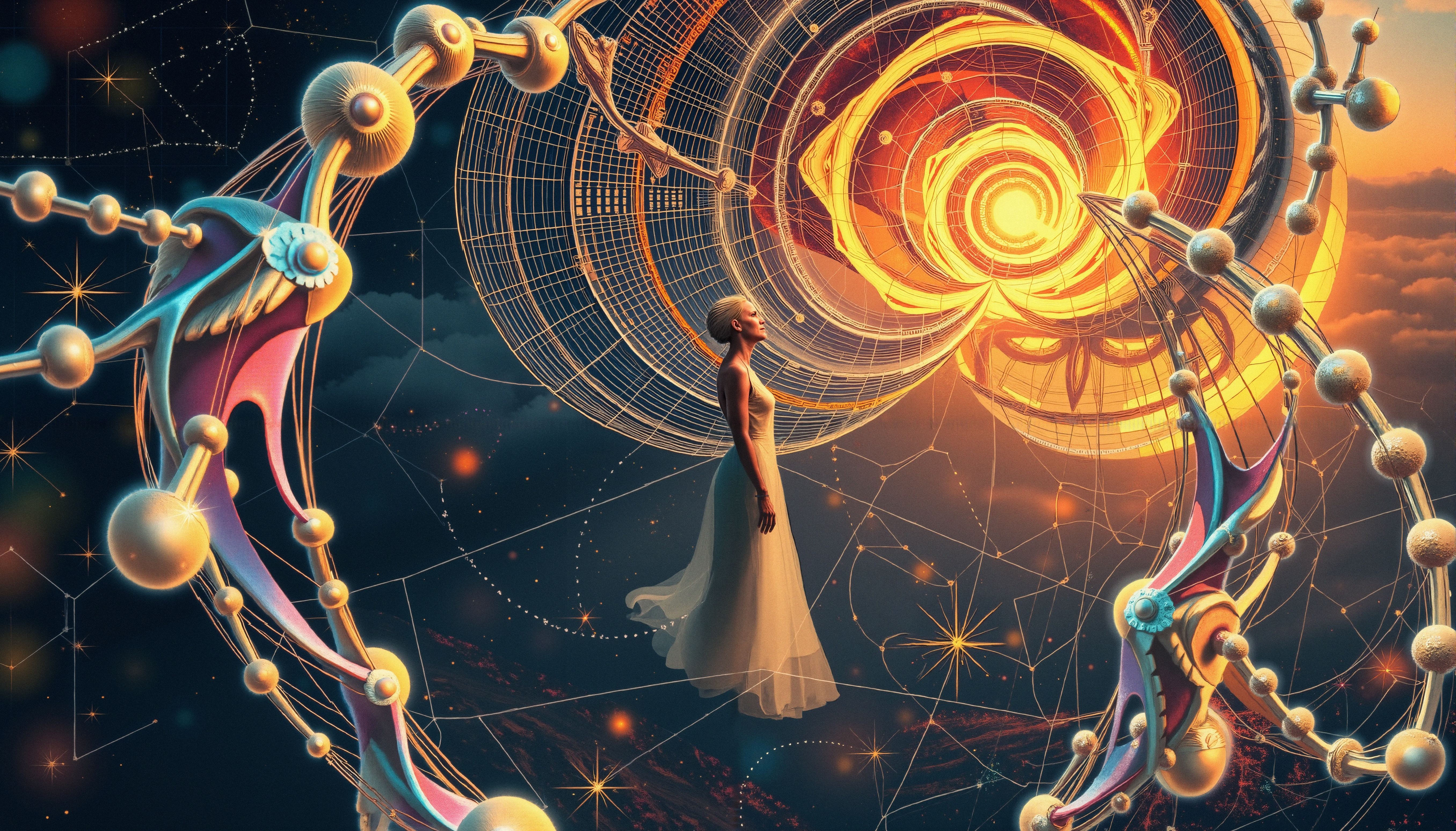 Woman Floating Amid Cosmic Geometric Structures and Celestial Sp