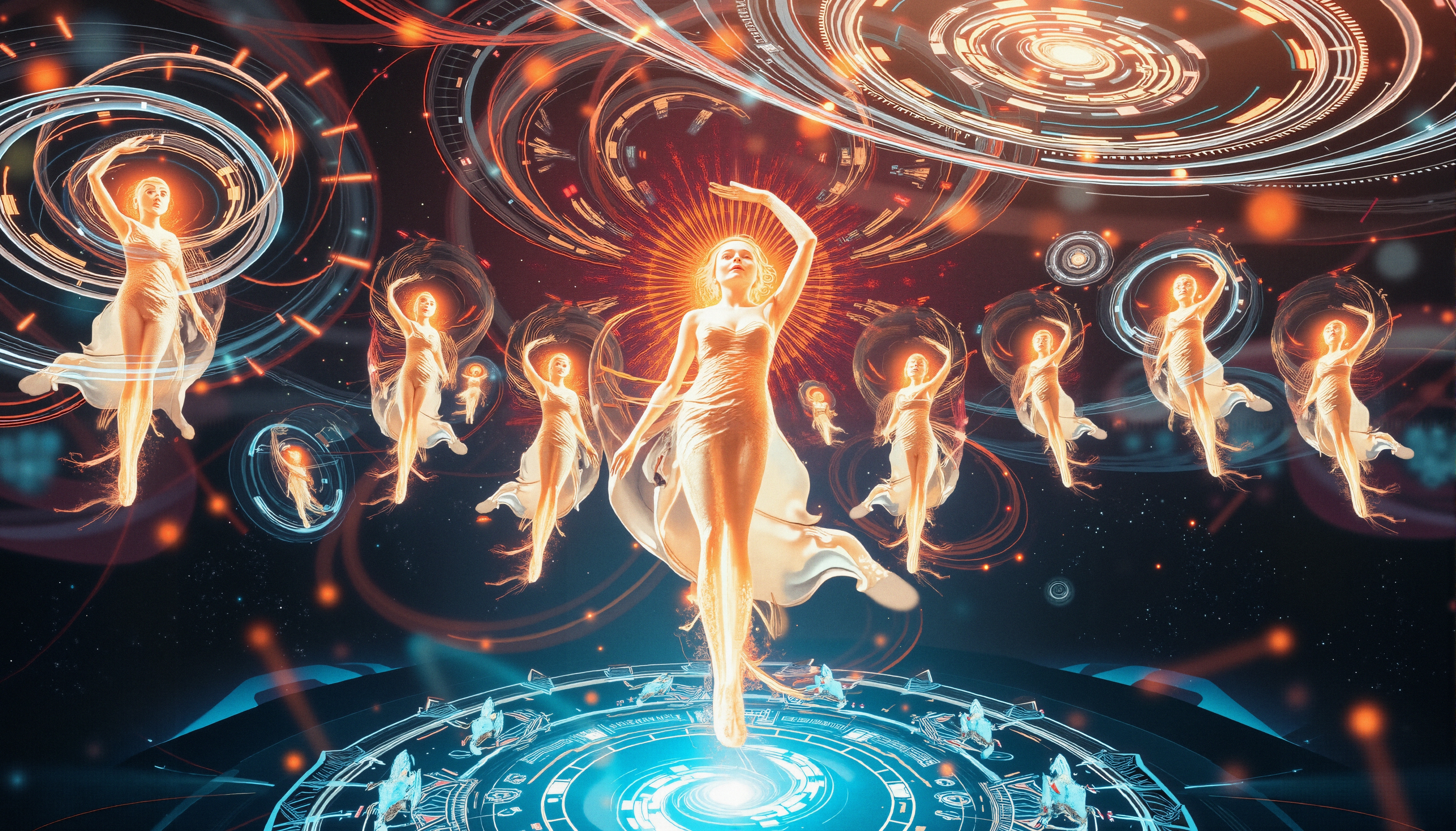 Ethereal figures float in cosmic landscape.