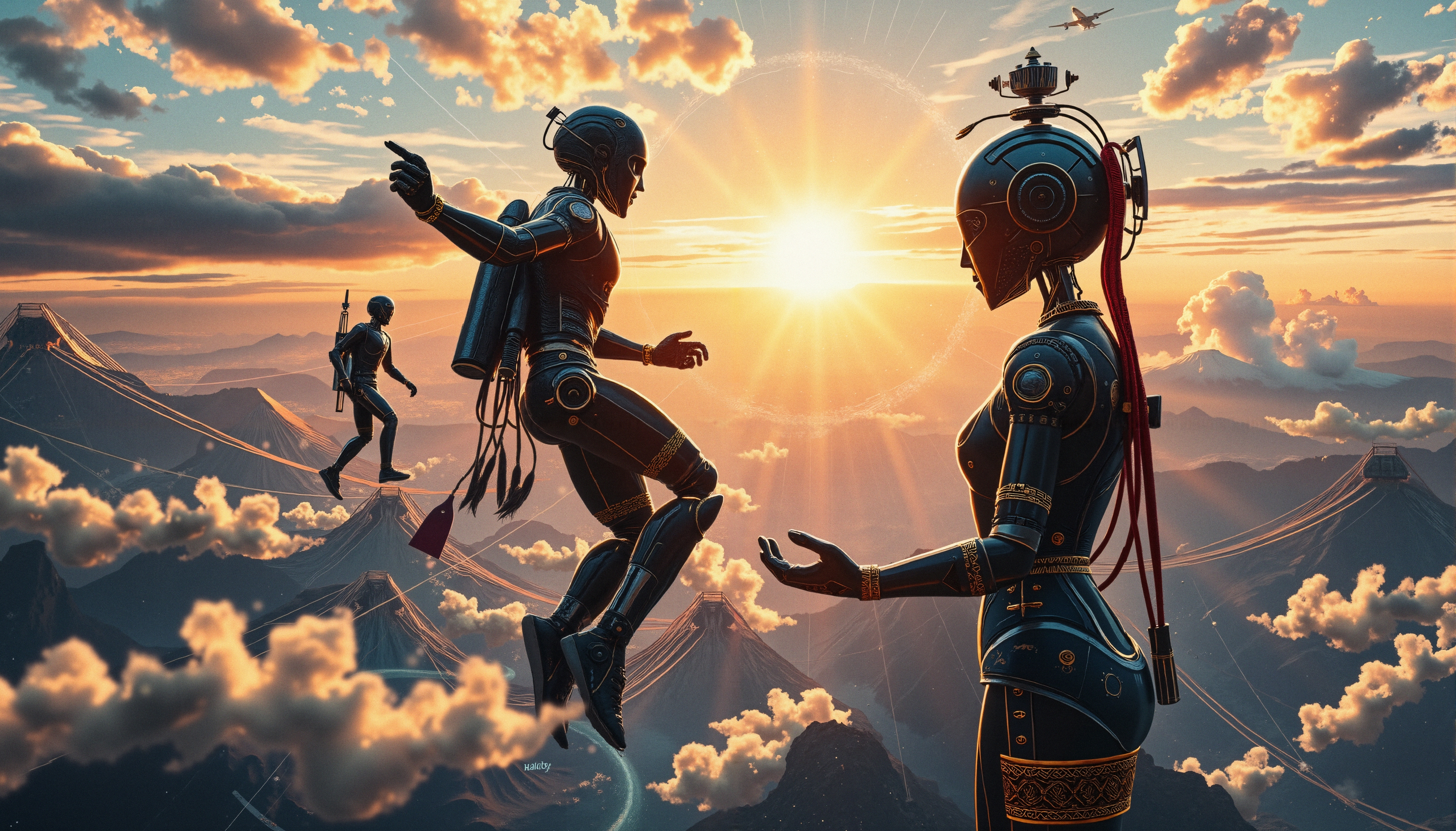 Futuristic robots interact at sunset in a dramatic, cloud-filled sky.