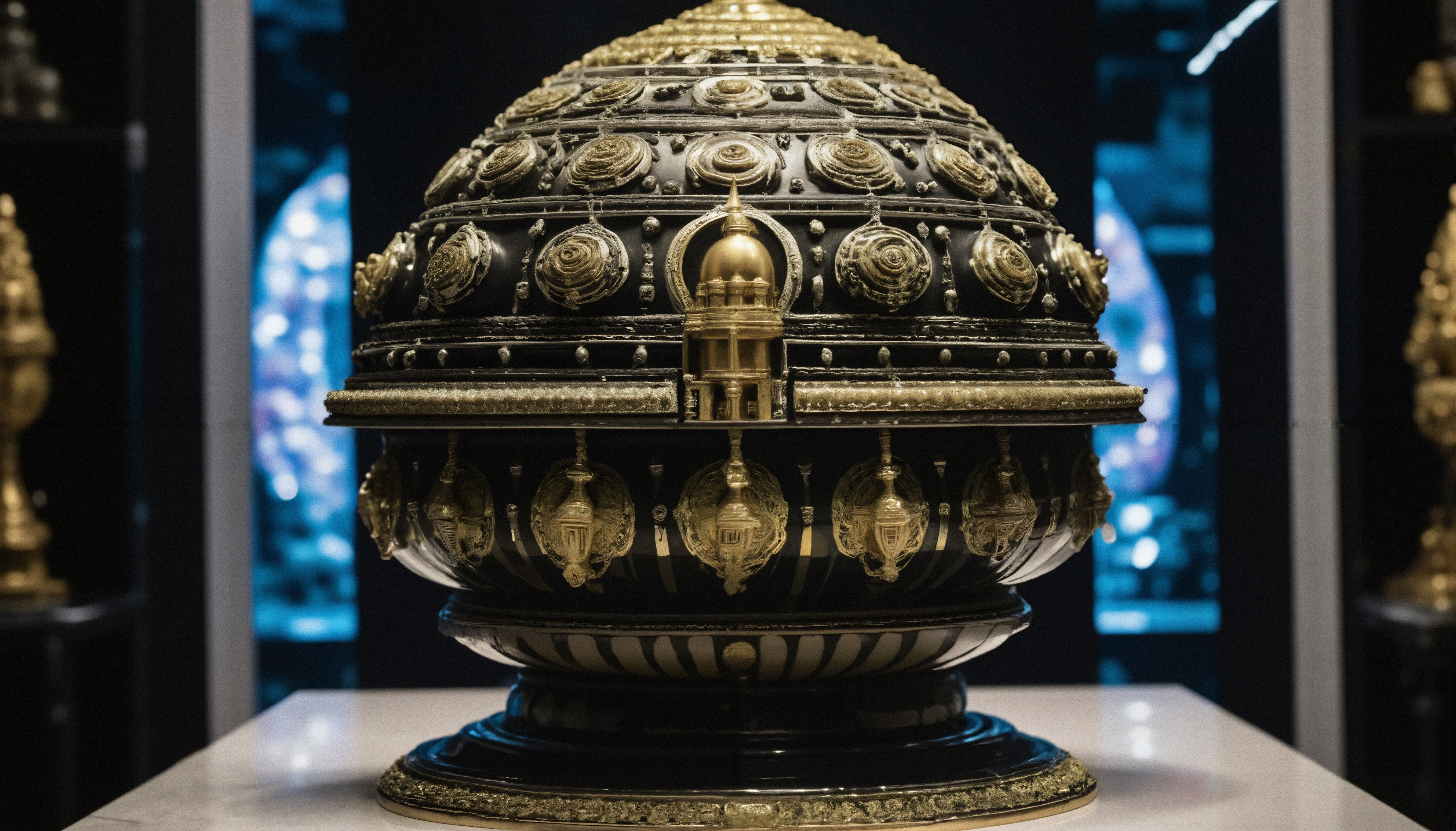 An intricately designed, ornate dome-shaped artifact with gold and black details displayed in a gallery setting.