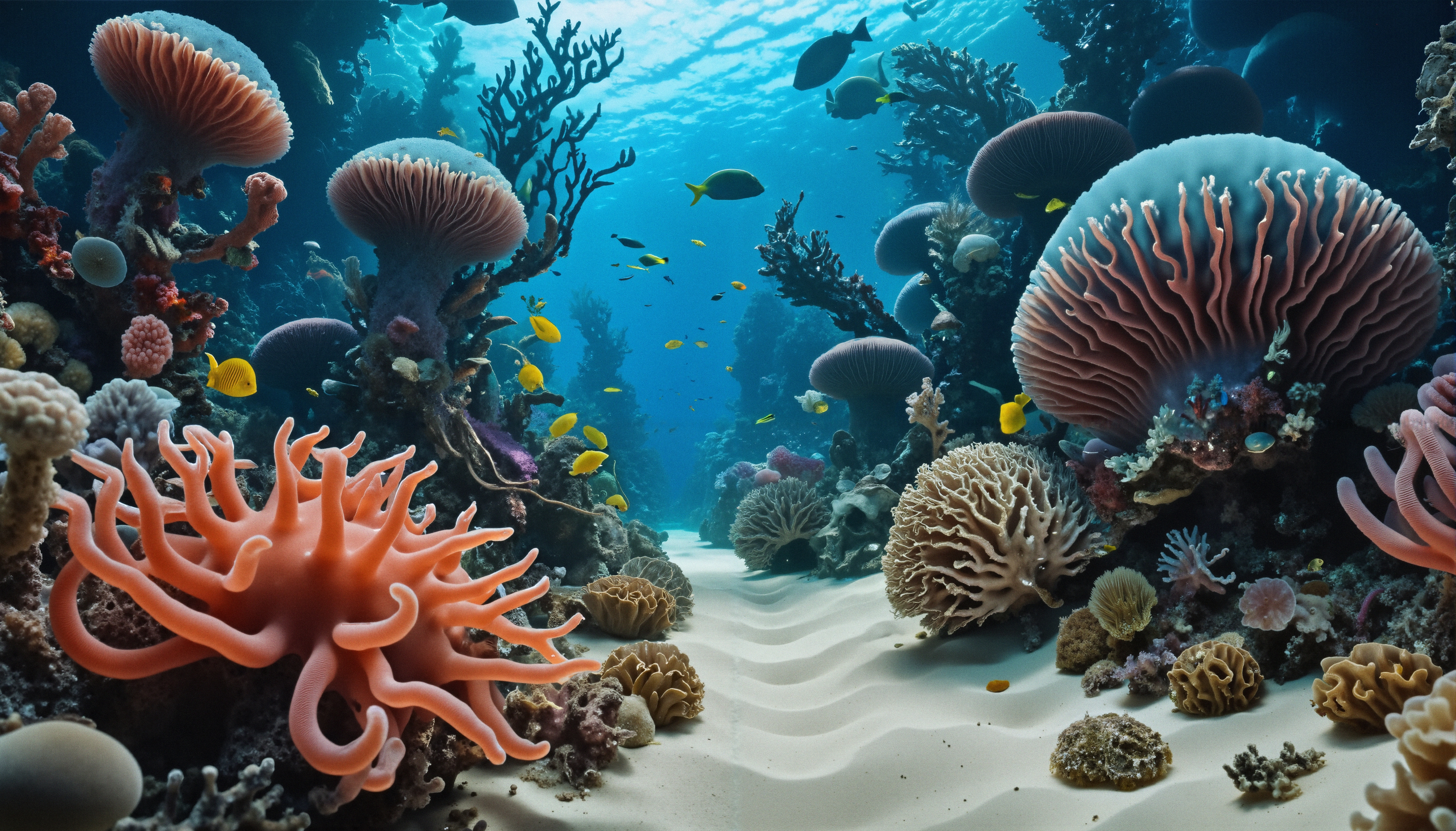 Underwater coral reef with colorful marine life.