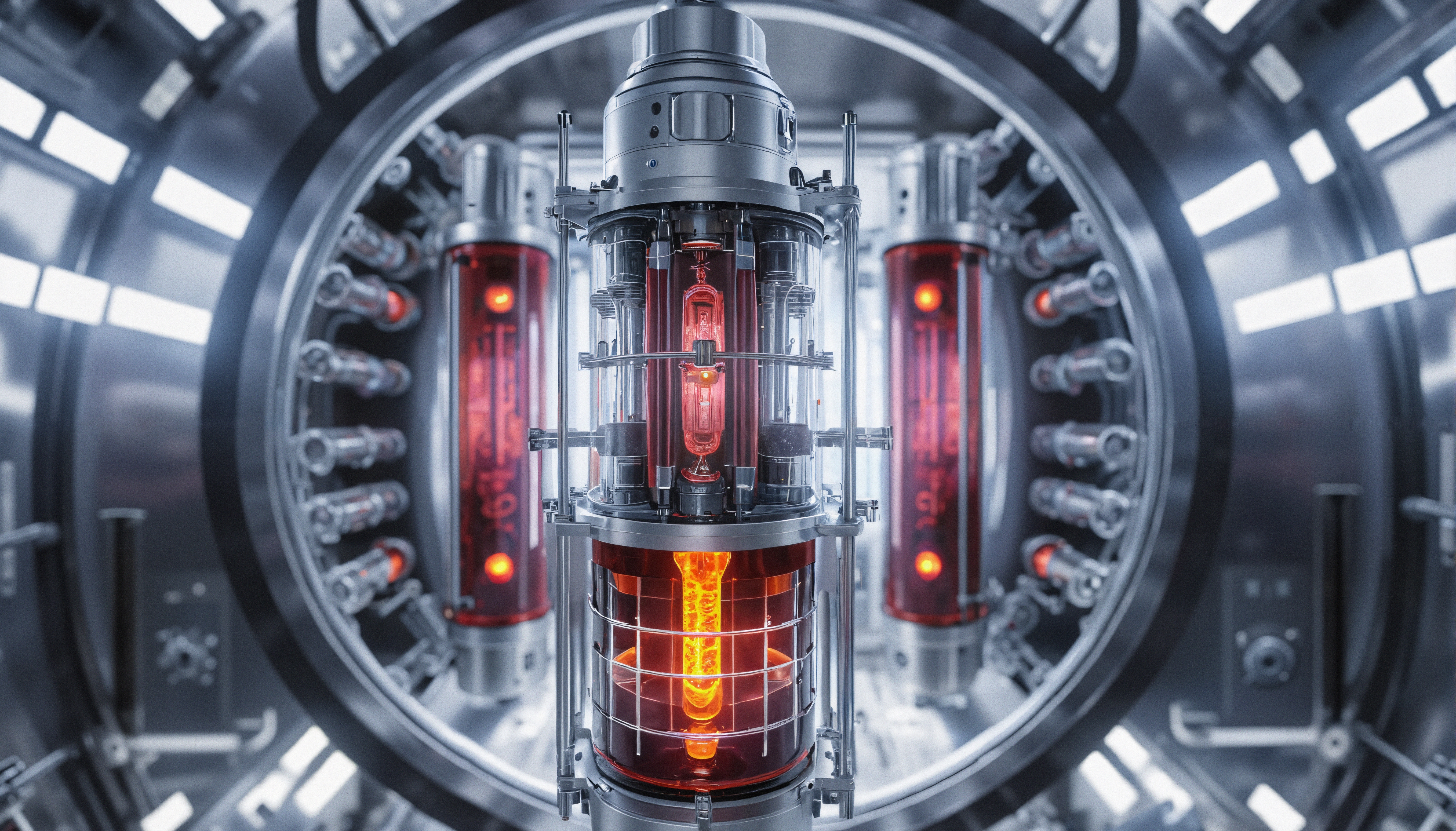 Futuristic reactor core glowing with intense red-orange light in high-tech industrial facility