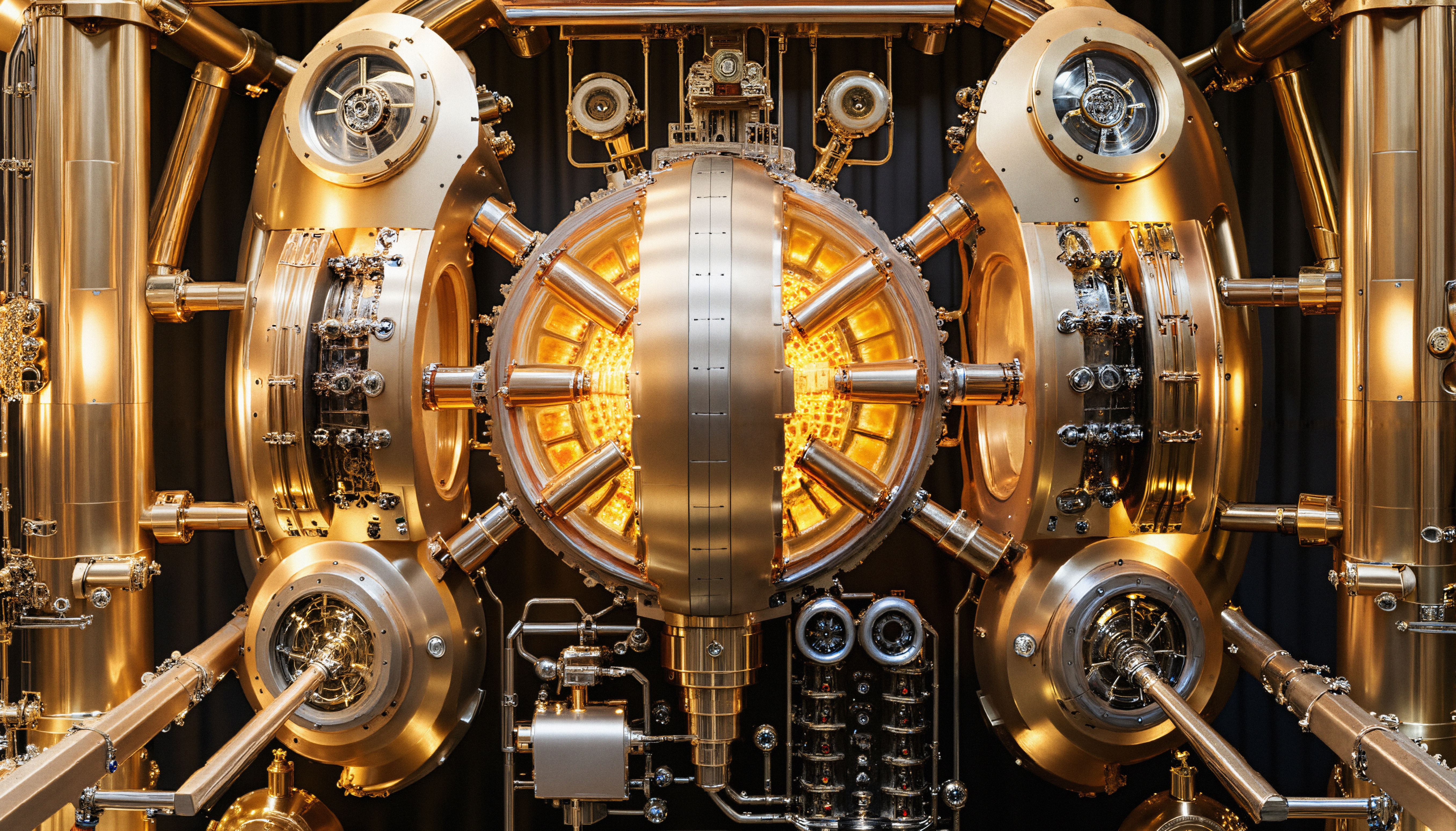 Futuristic golden mechanical core with glowing center and symmetrical engineering details