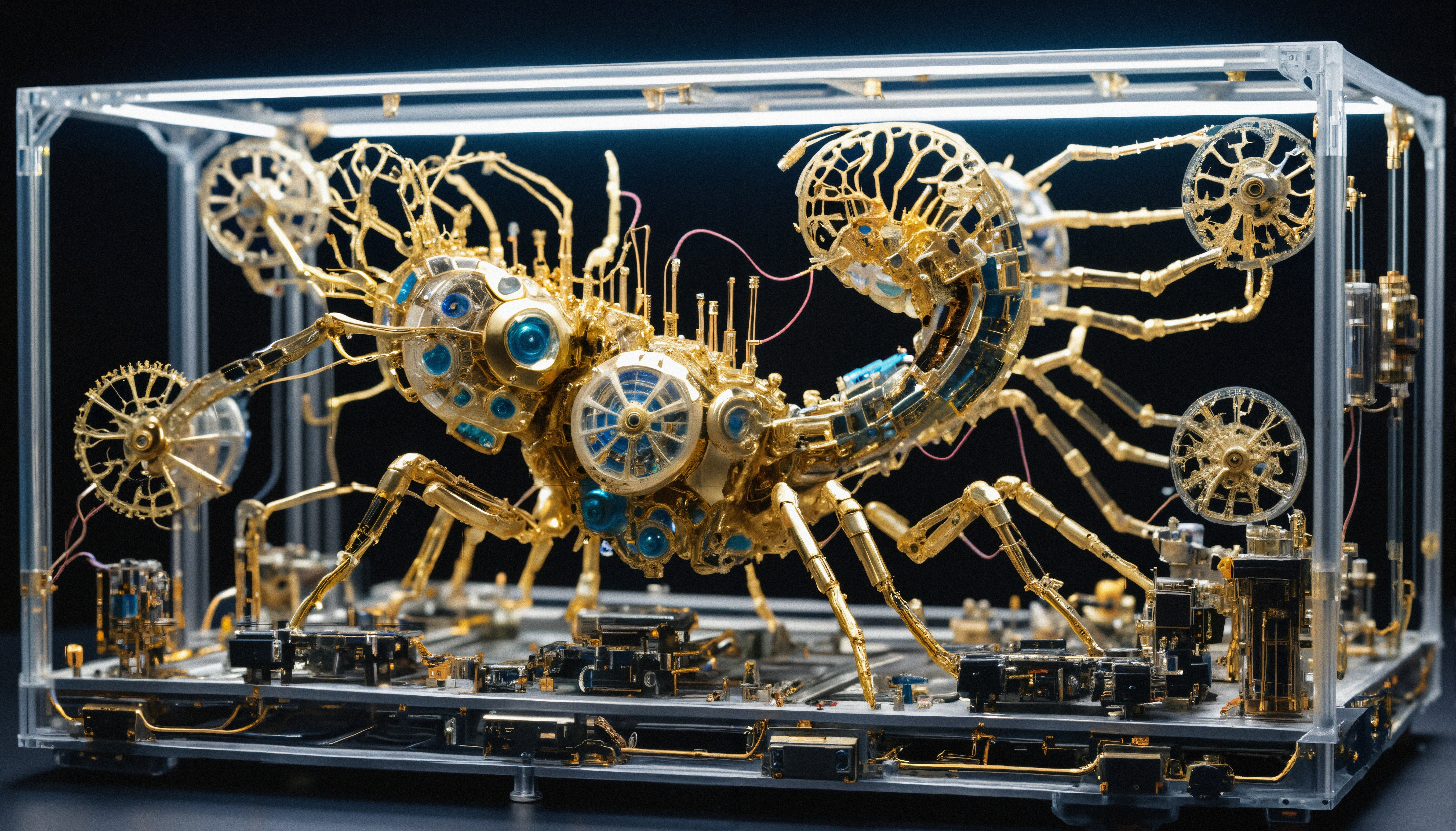 Intricate golden machinery inside clear glass case.