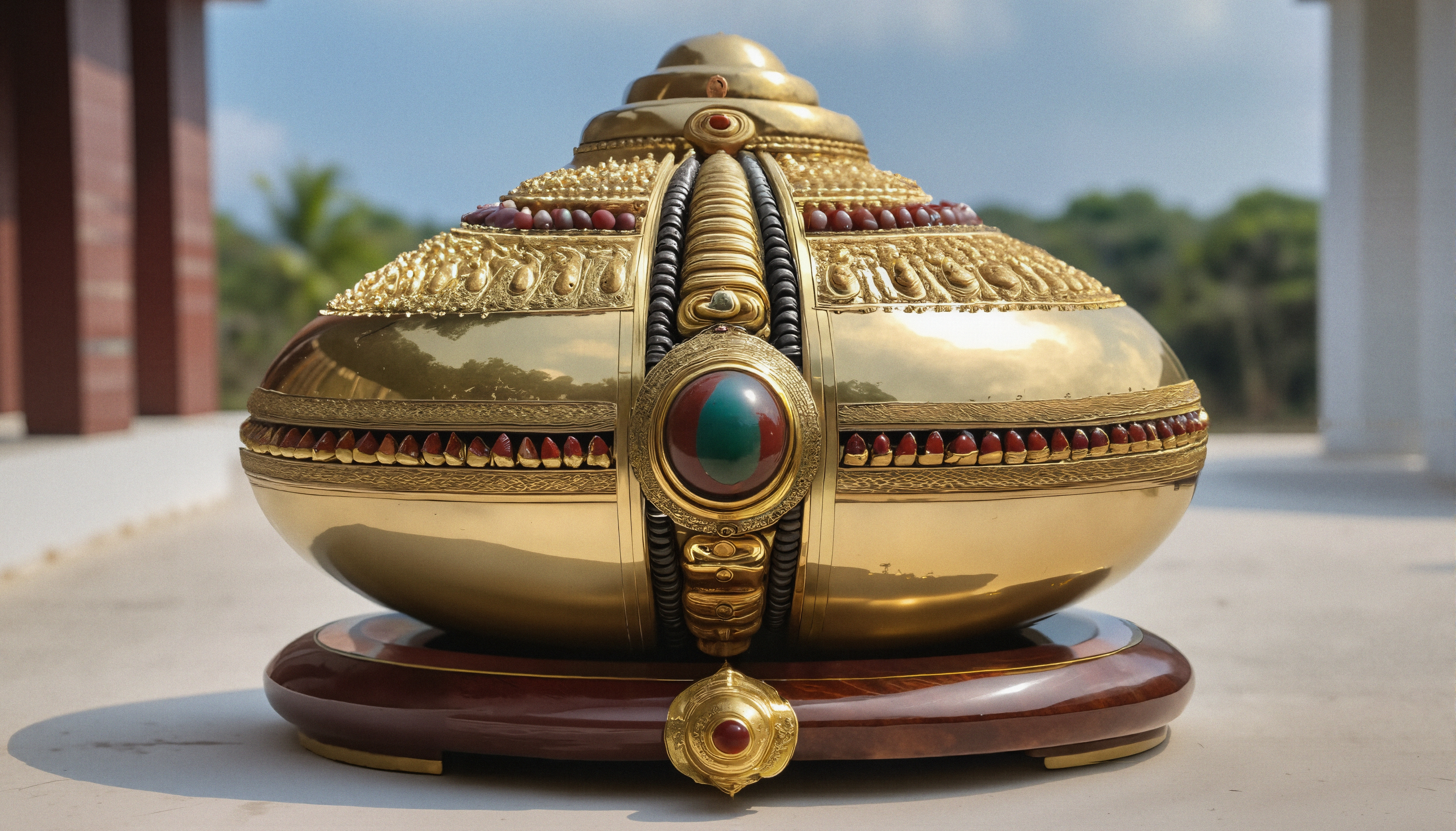 Ornate golden Lingam with red gems on a polished base.