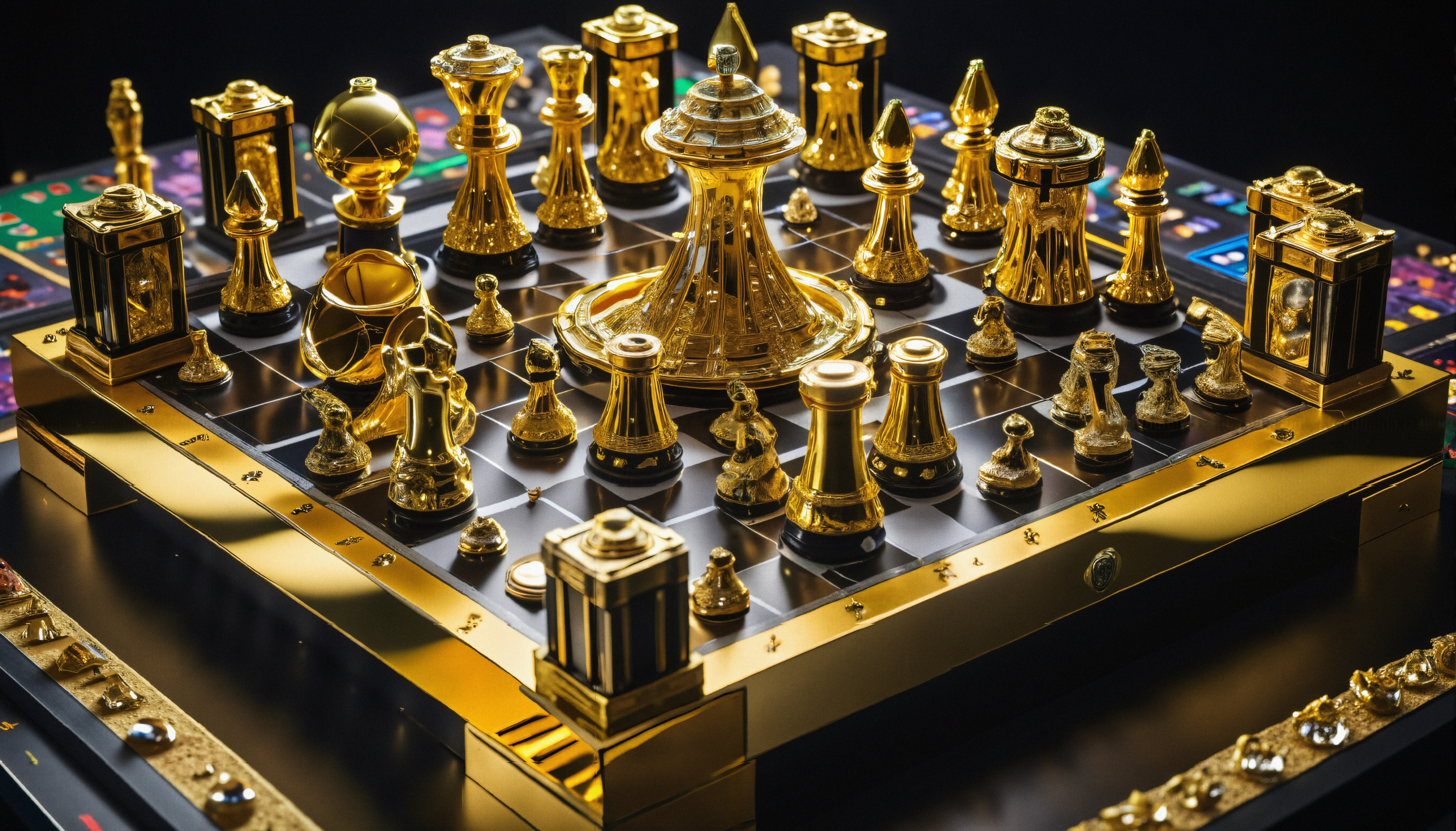 Luxurious gold chess set with intricate designs.