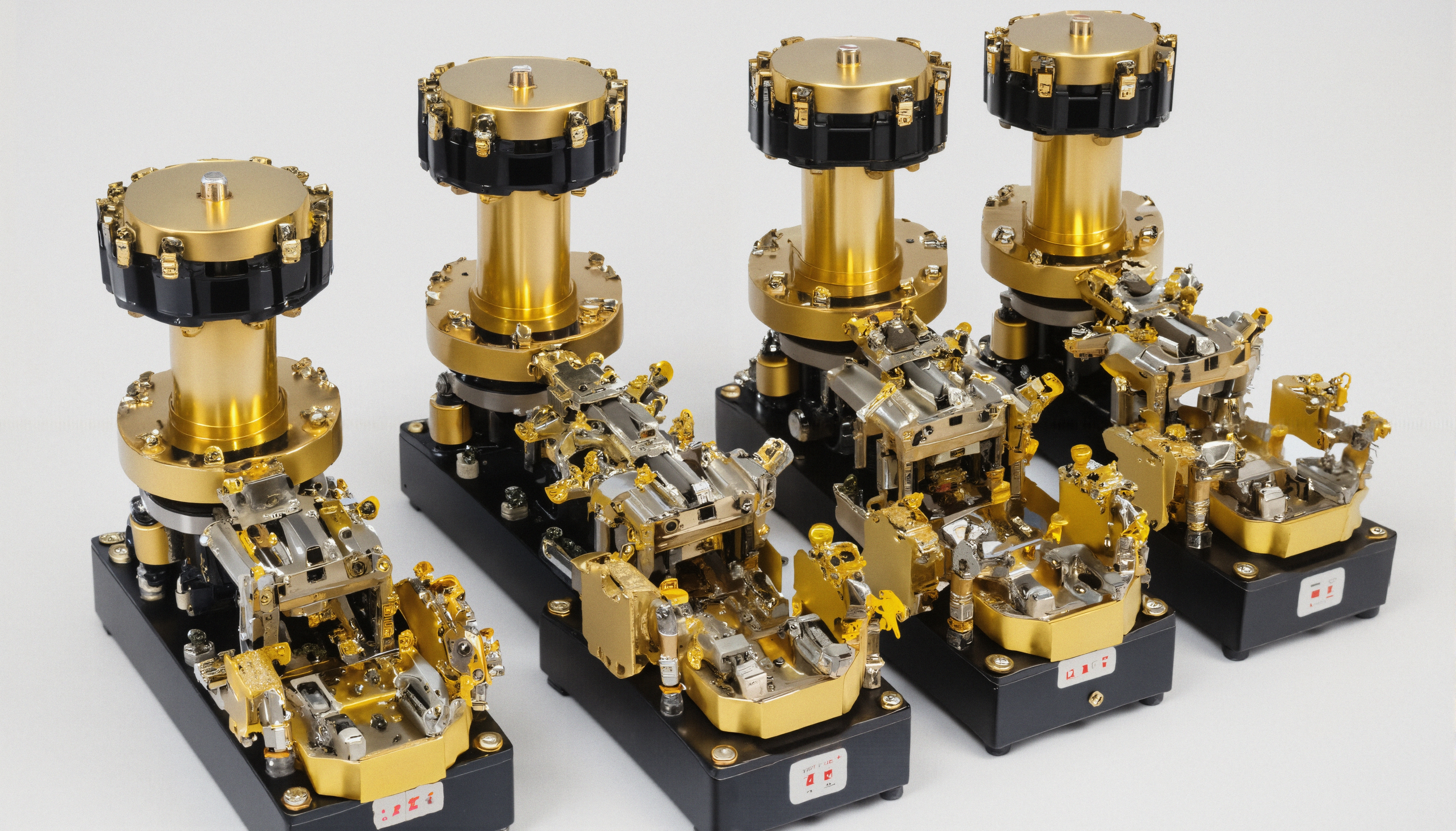 A set of gold and black precision-engineered components with intricate designs, showcasing advanced mechanical craftsmanship.