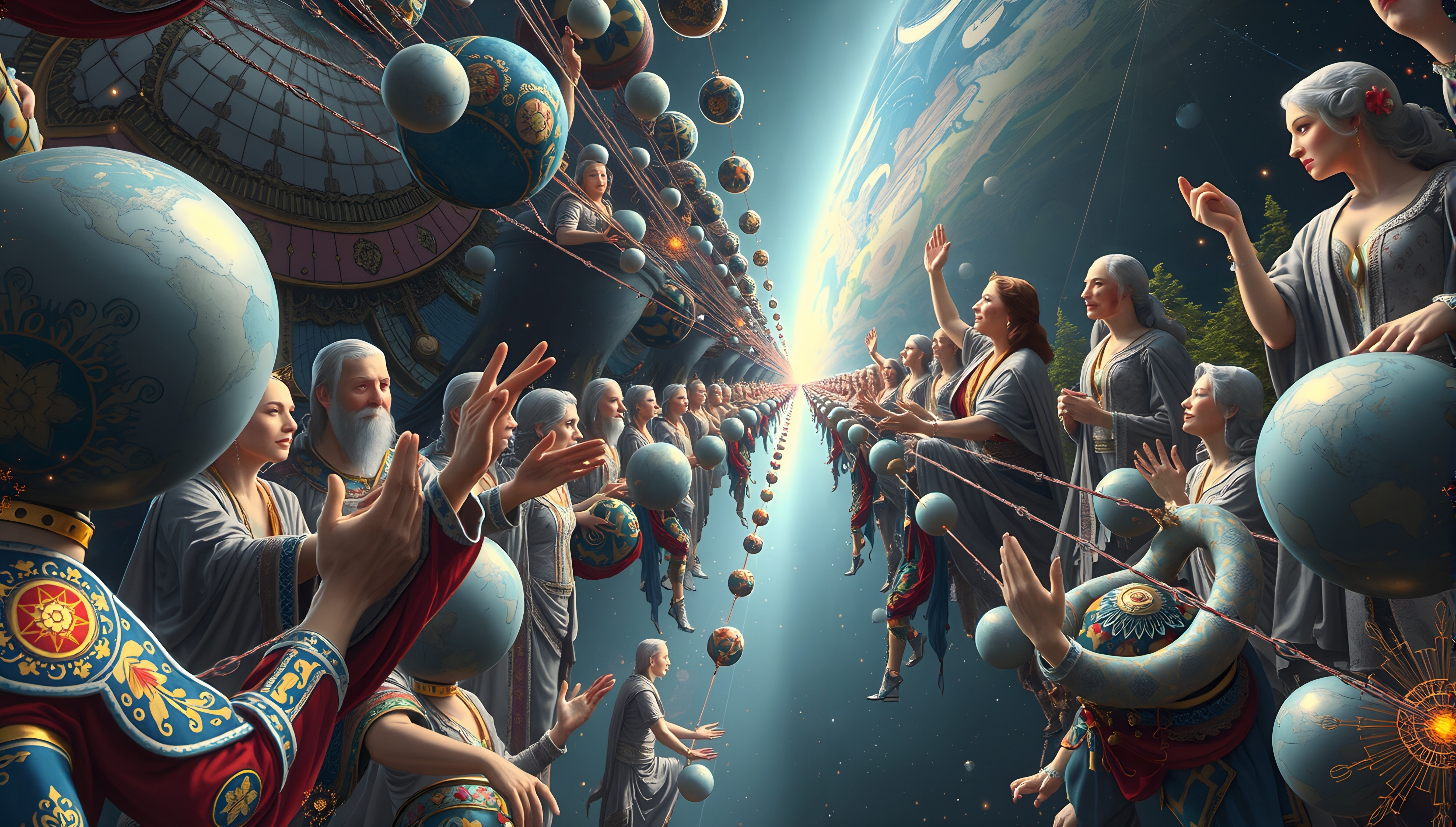 A surreal scene of robed figures interacting with celestial spheres in a cosmic dance with Earth in the background.