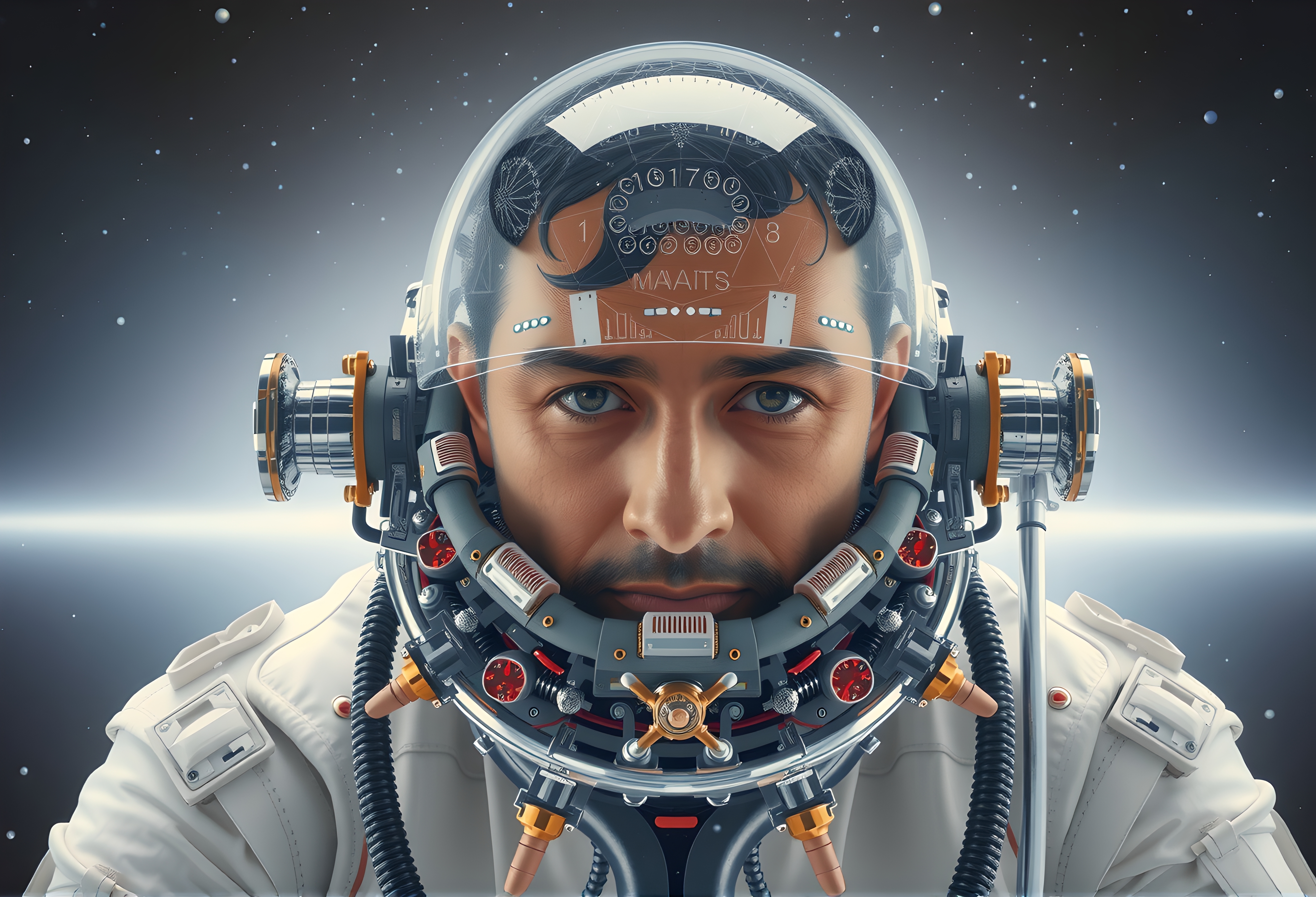 Futuristic astronaut in advanced space helmet with digital display and starry background.