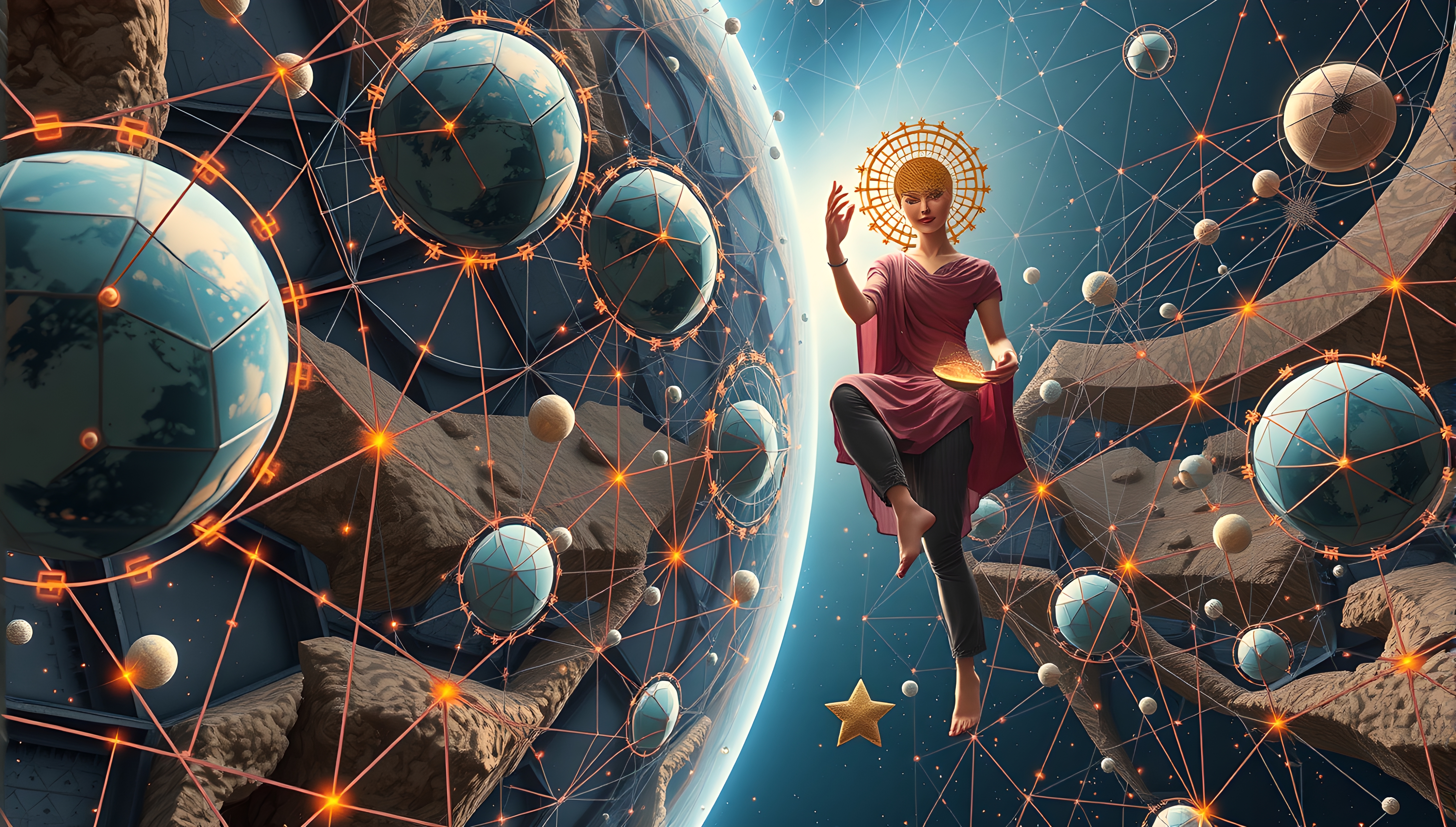 A celestial deity amidst cosmic orbs, symbolizing interconnectedness in a surreal universe.