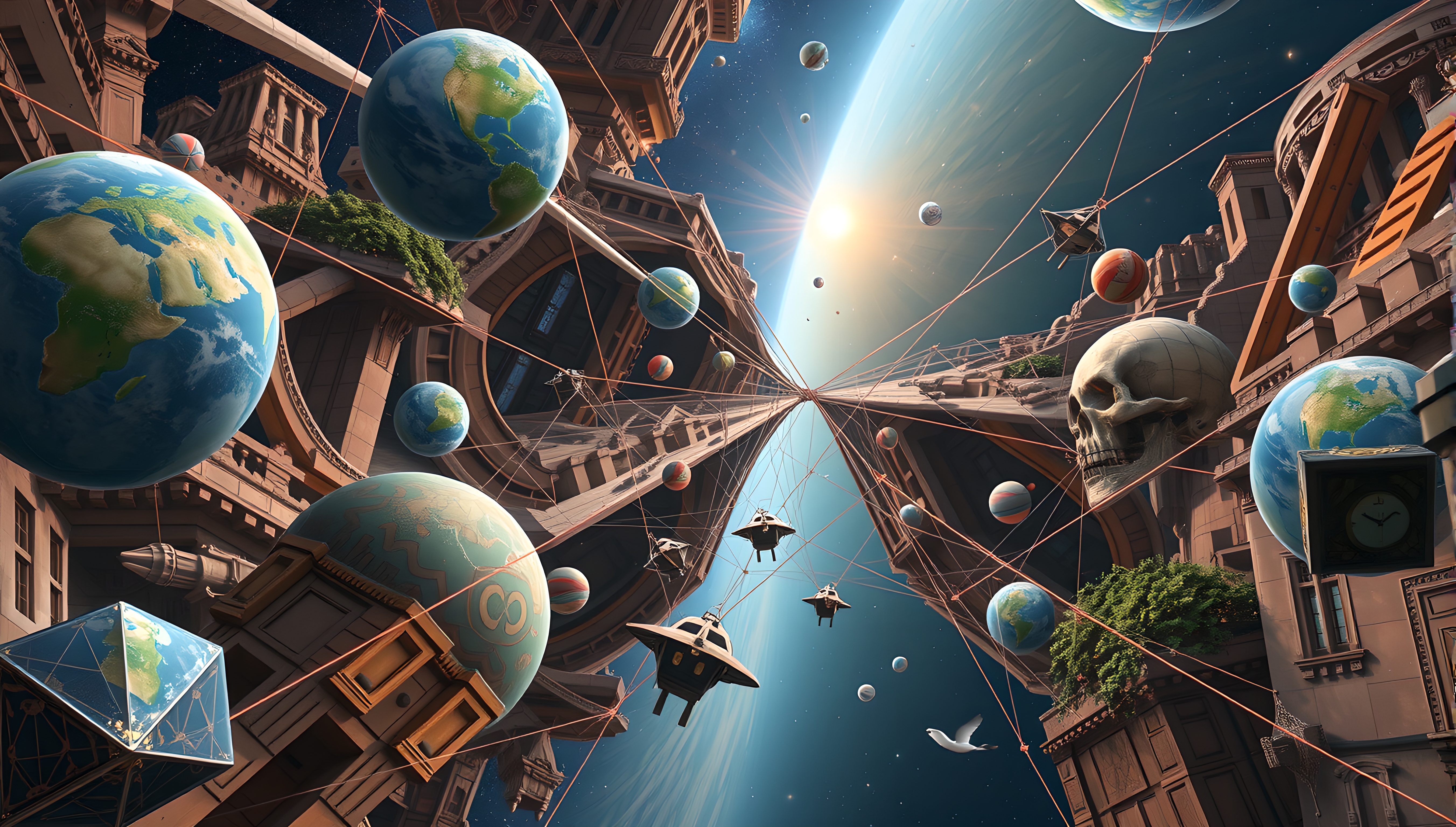 Futuristic Cityscape with Floating Globes and Celestial Elements