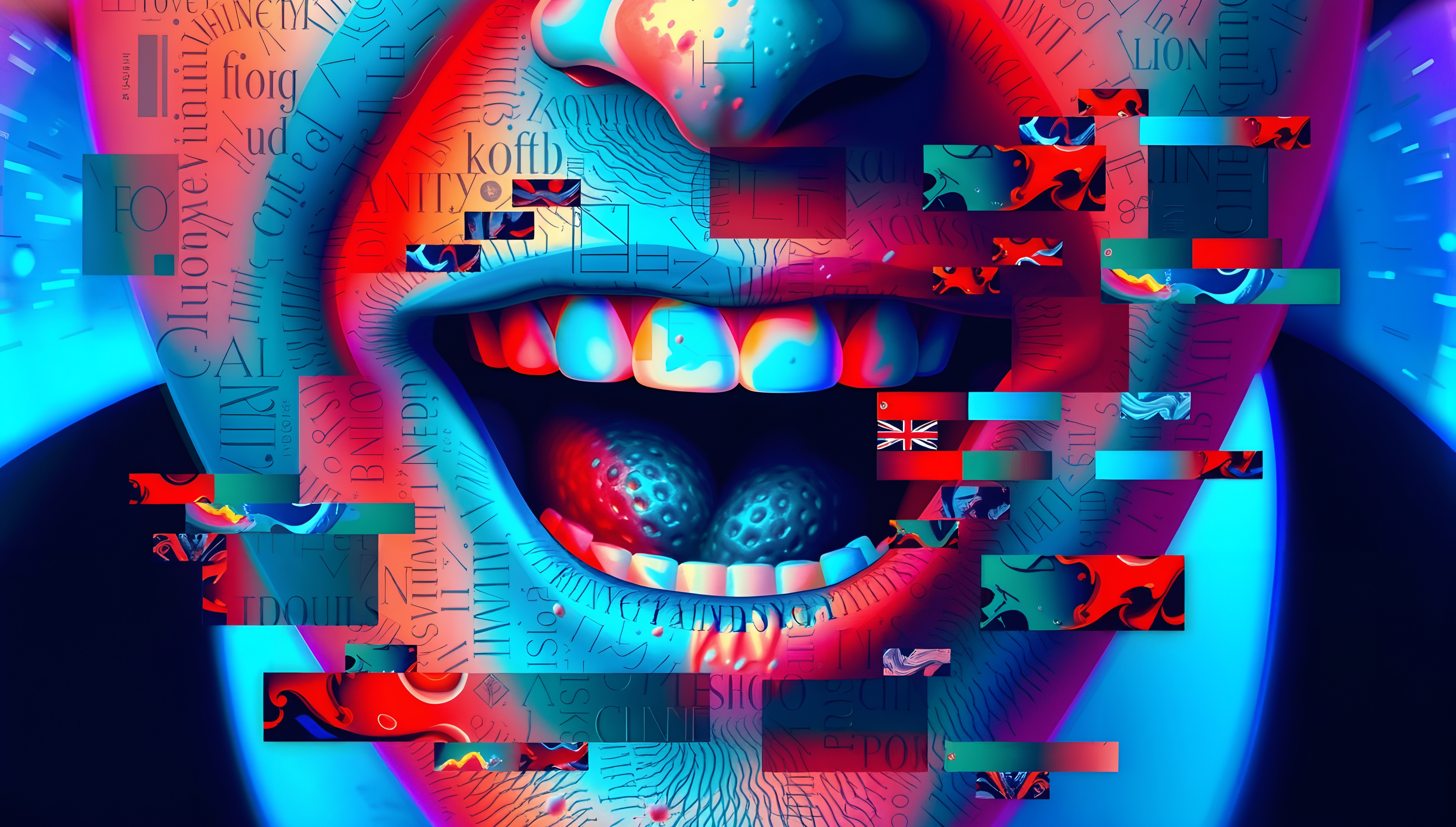 Vibrant Abstract Mouth with Neural Elements and Text Overlays