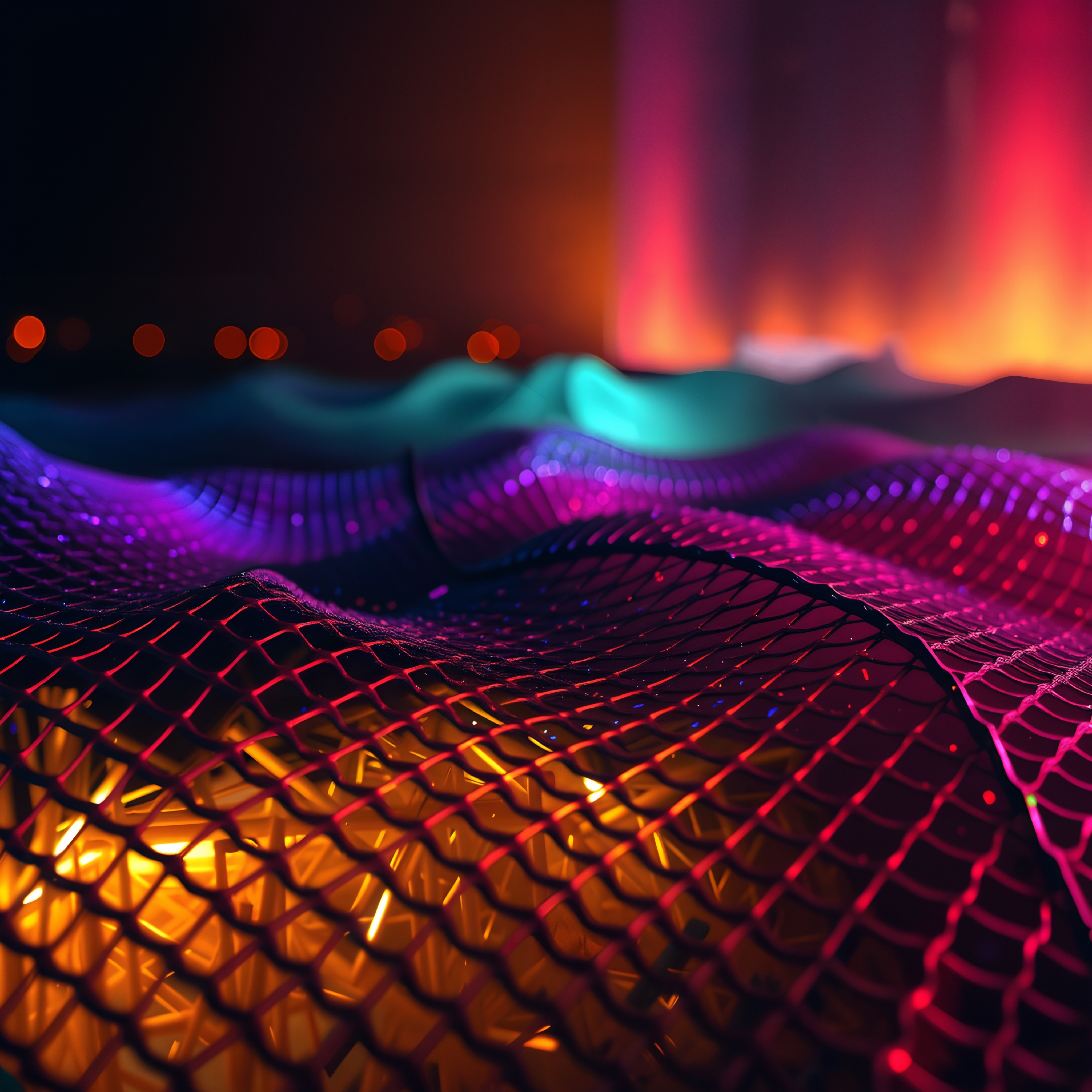 An abstract mesh landscape with vibrant colors illuminated by glowing lights.