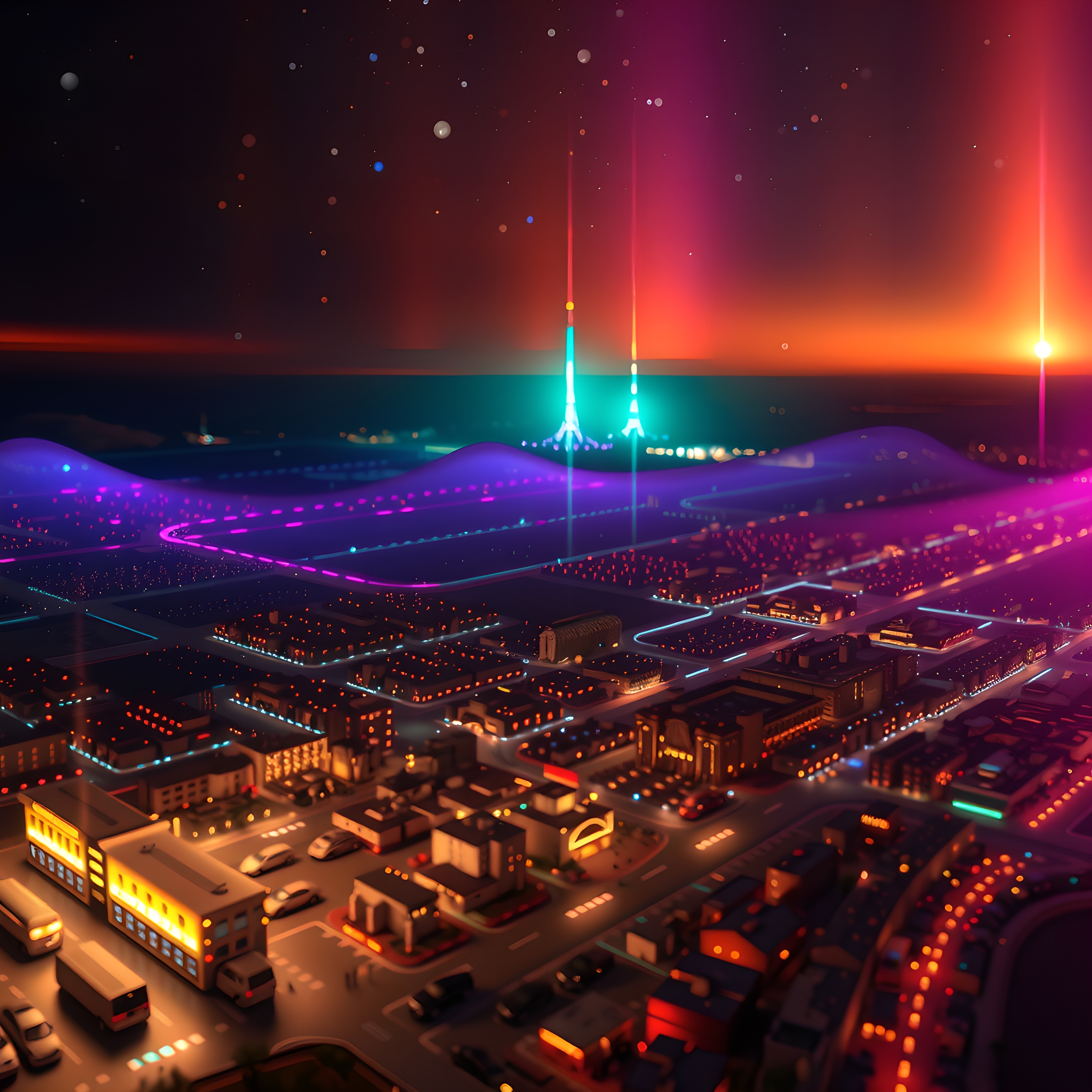 Futuristic cityscape with neon lights under a starry sky.