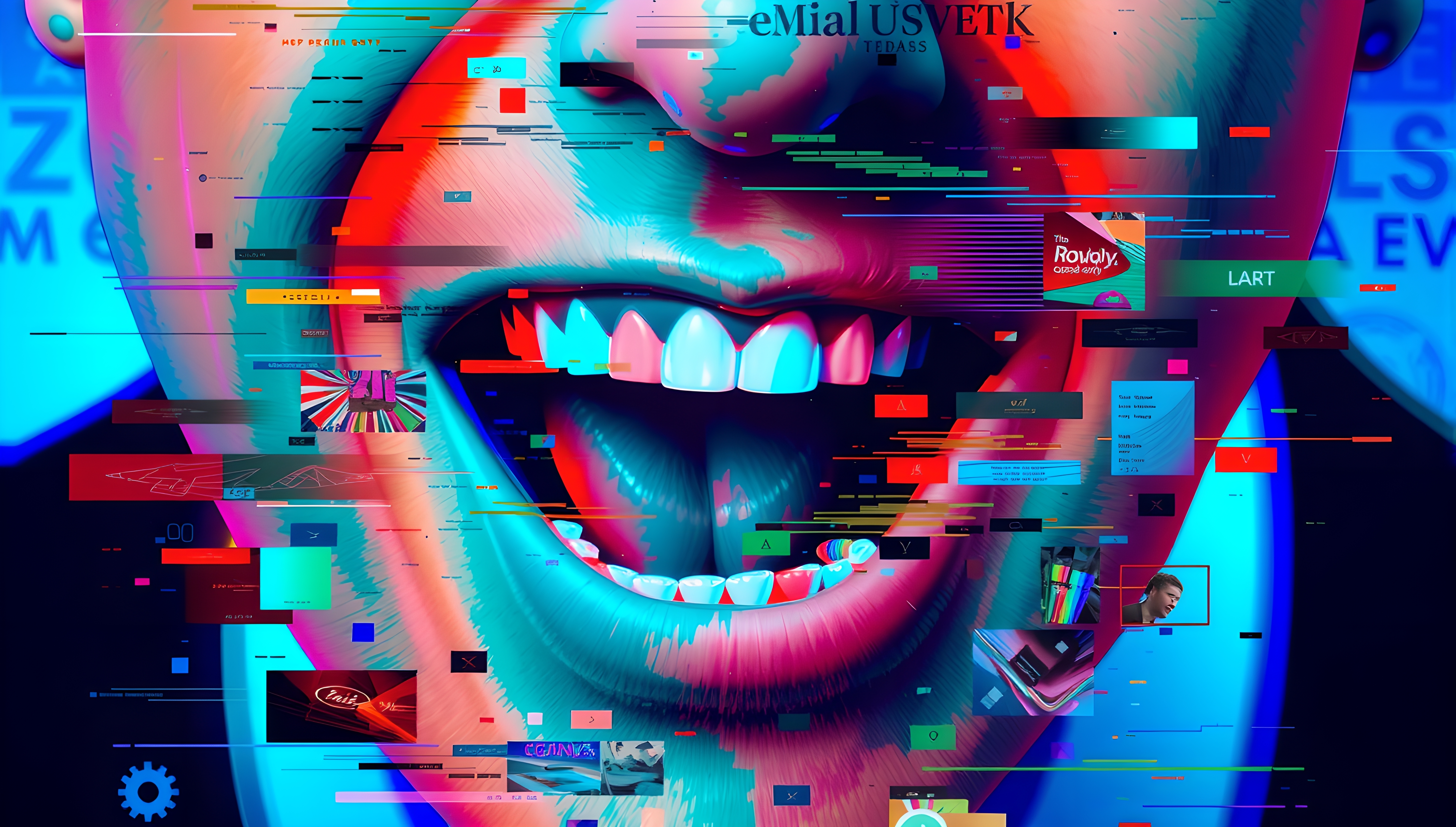 Surreal glitch art with vibrant smile and digital artifacts.