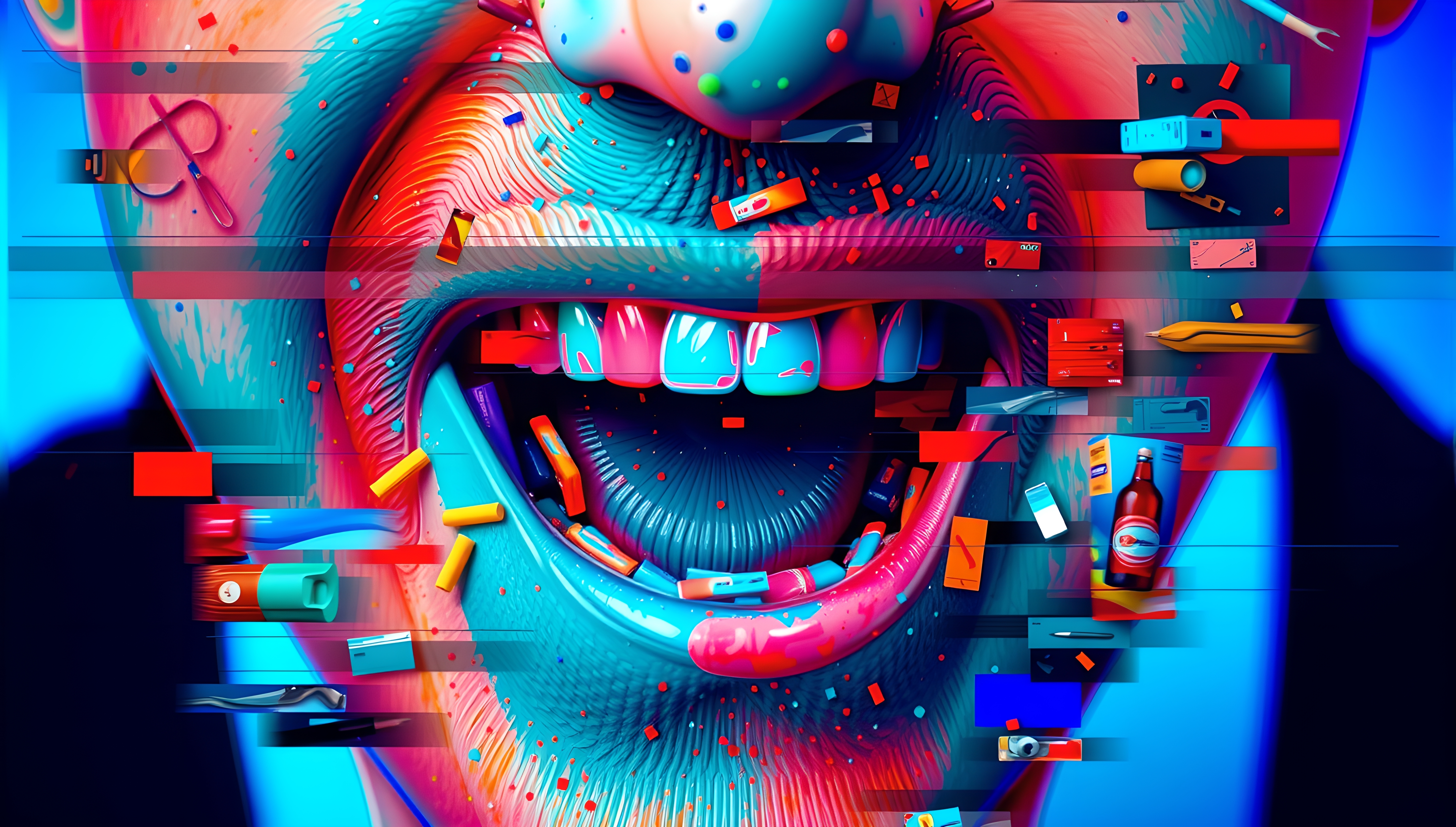 A vibrant abstract artwork featuring a colorful digital depiction of a mouth with scattered geometric shapes.