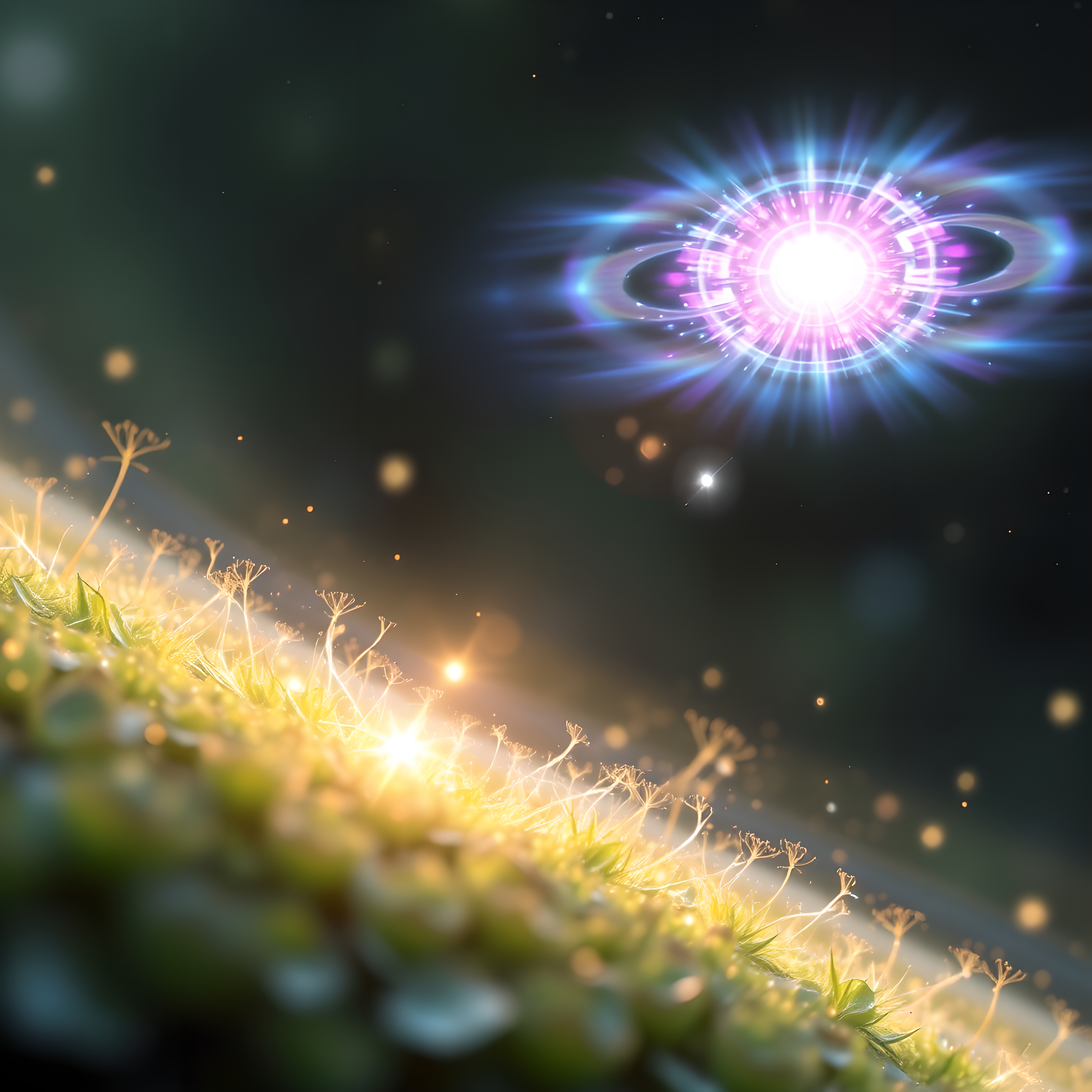 A cosmic scene with glowing plants and radiant light.