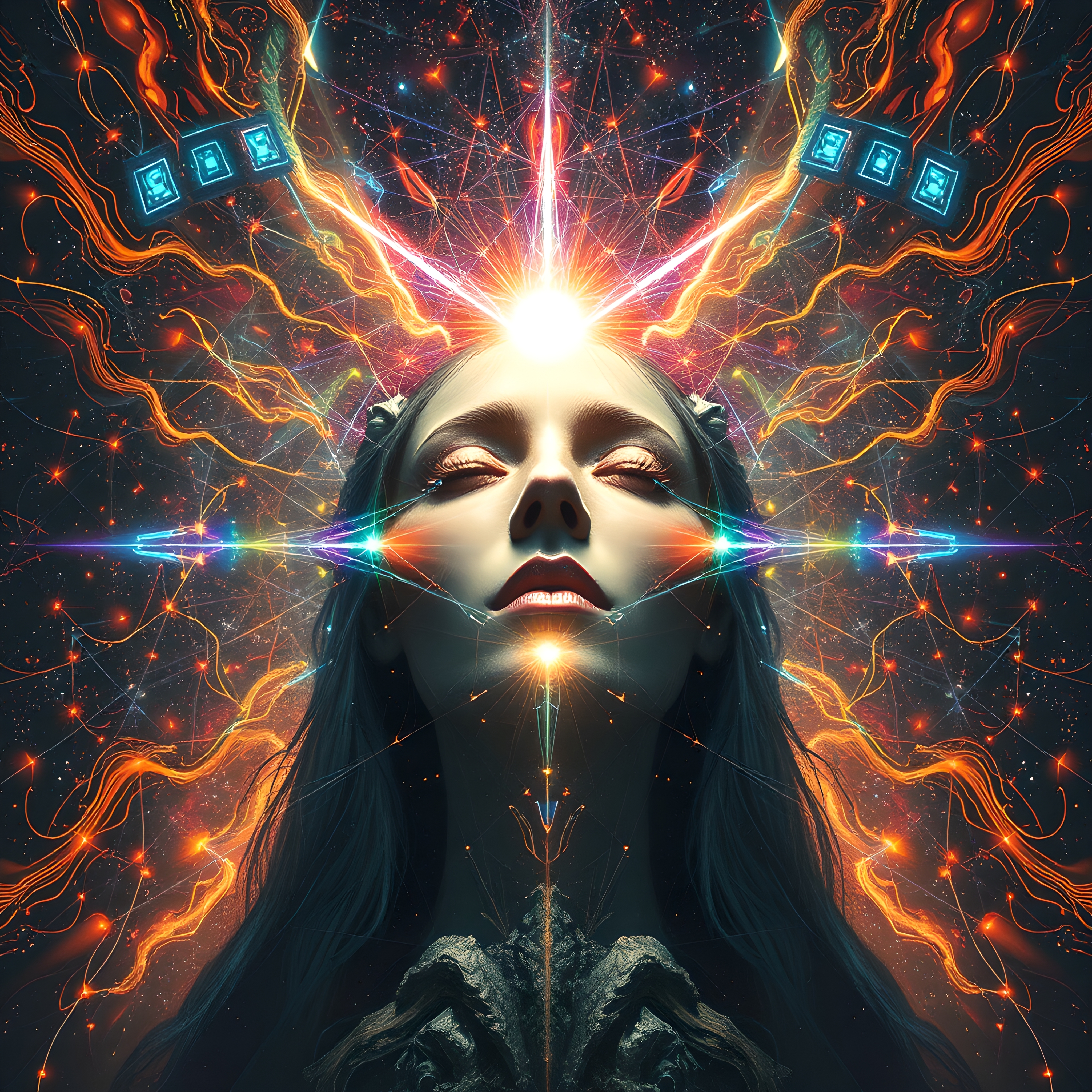 Enlightened Woman Amidst Cosmic Energy