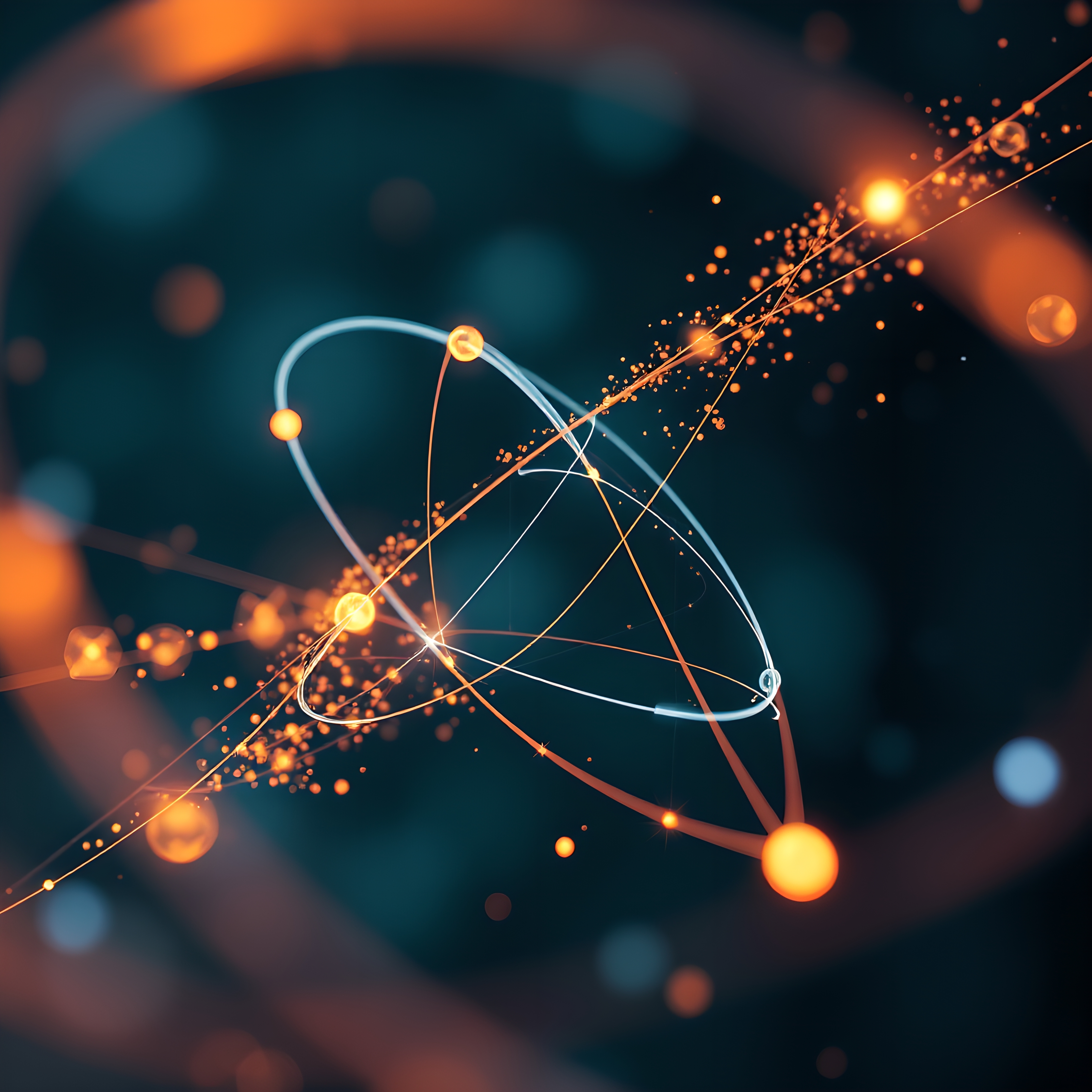 Abstract digital visualization of atomic structure with glowing particles and electron orbits on a dark background.