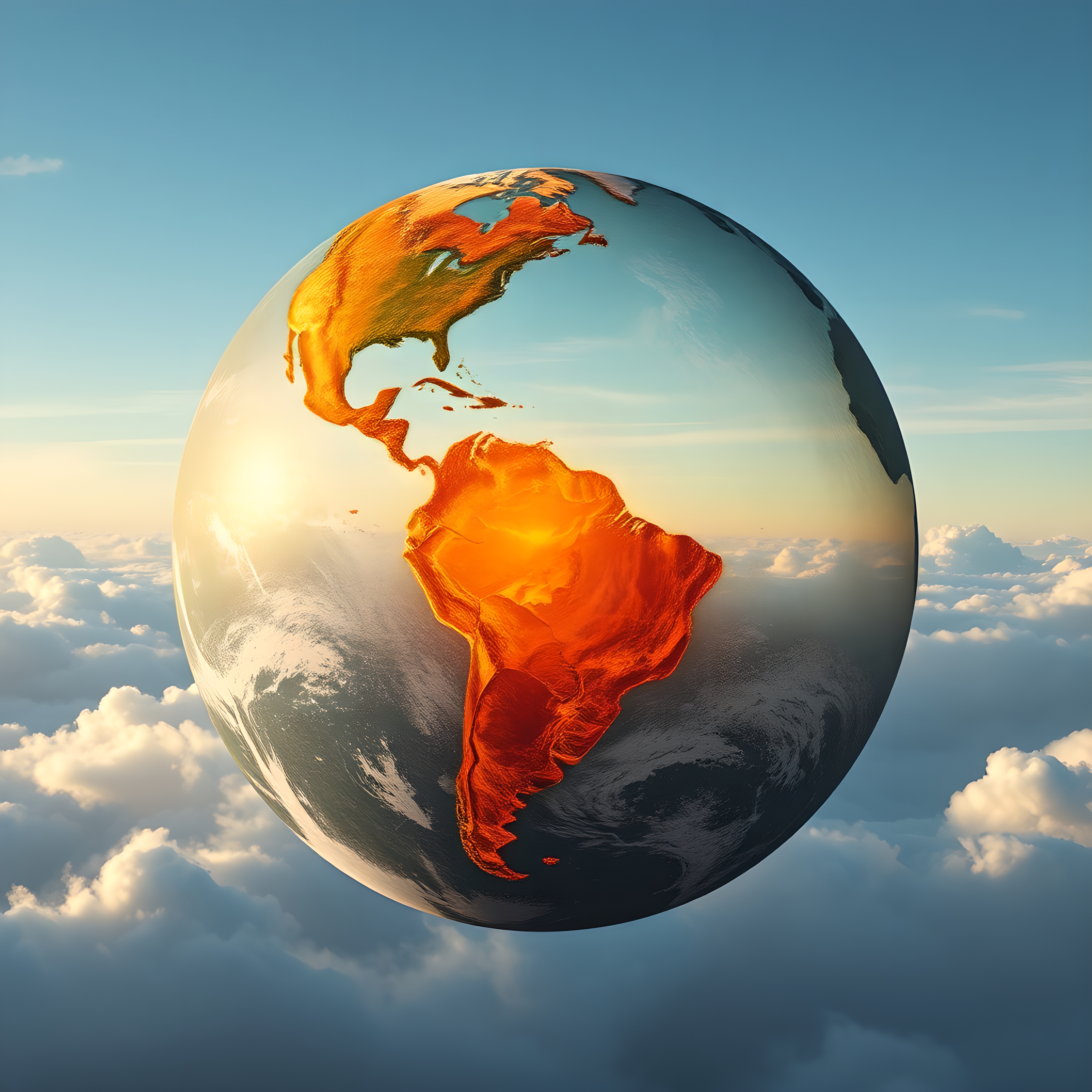 Floating glowing globe highlighting Americas over clouds during sunrise sunset