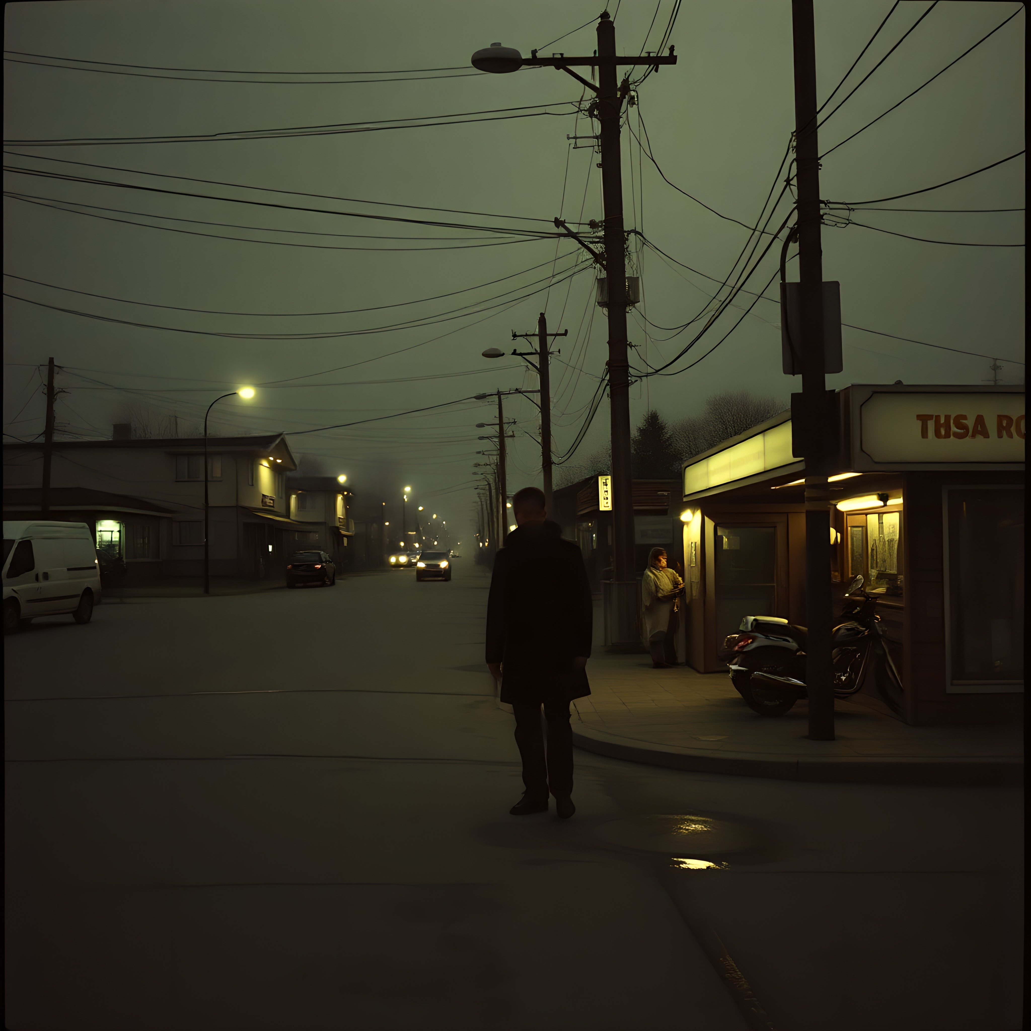 A solitary figure under streetlights on a foggy night.