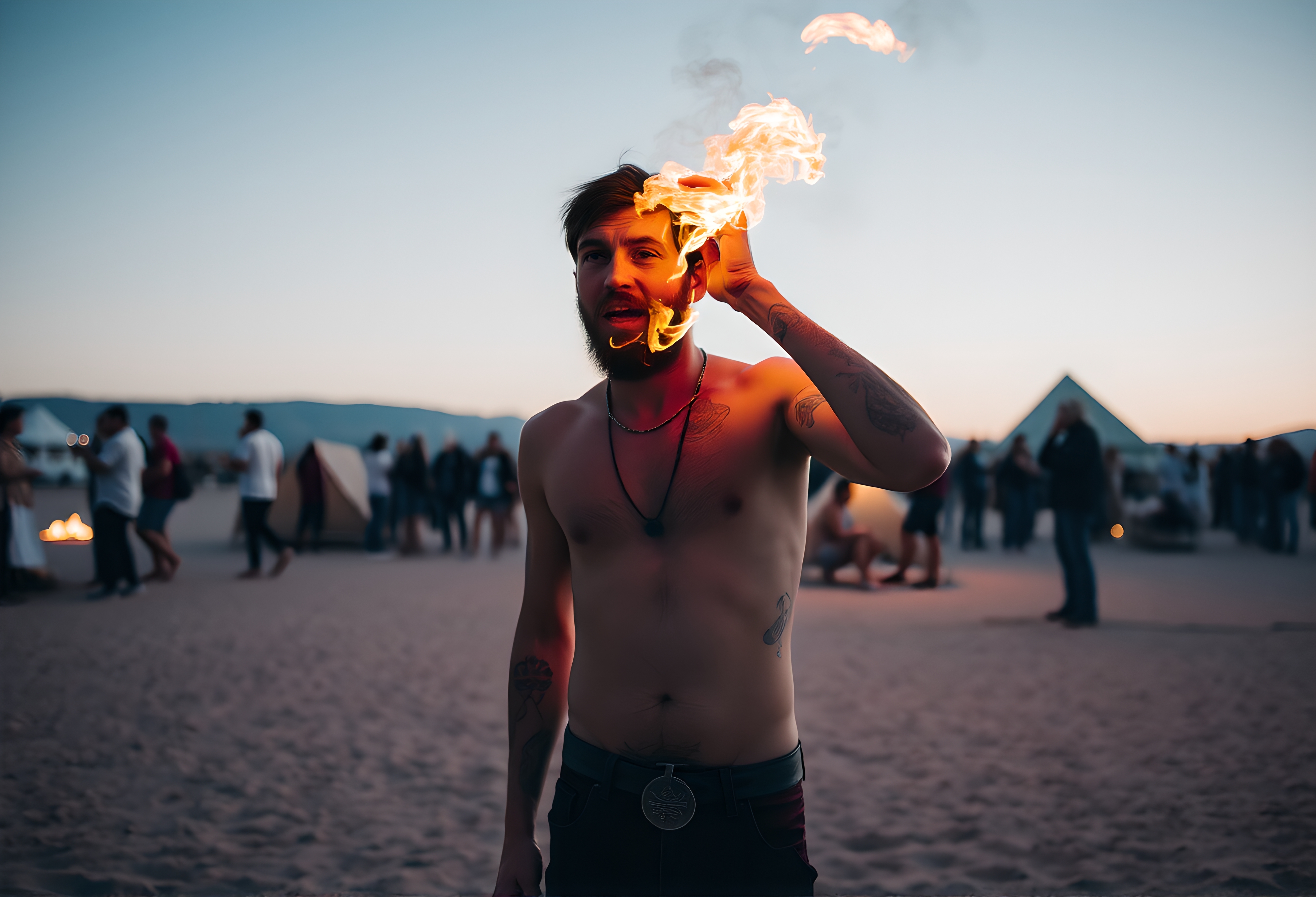 A shirtless man holds a flame in his hand at sunset on a sandy beach, surrounded by a gathering of people.