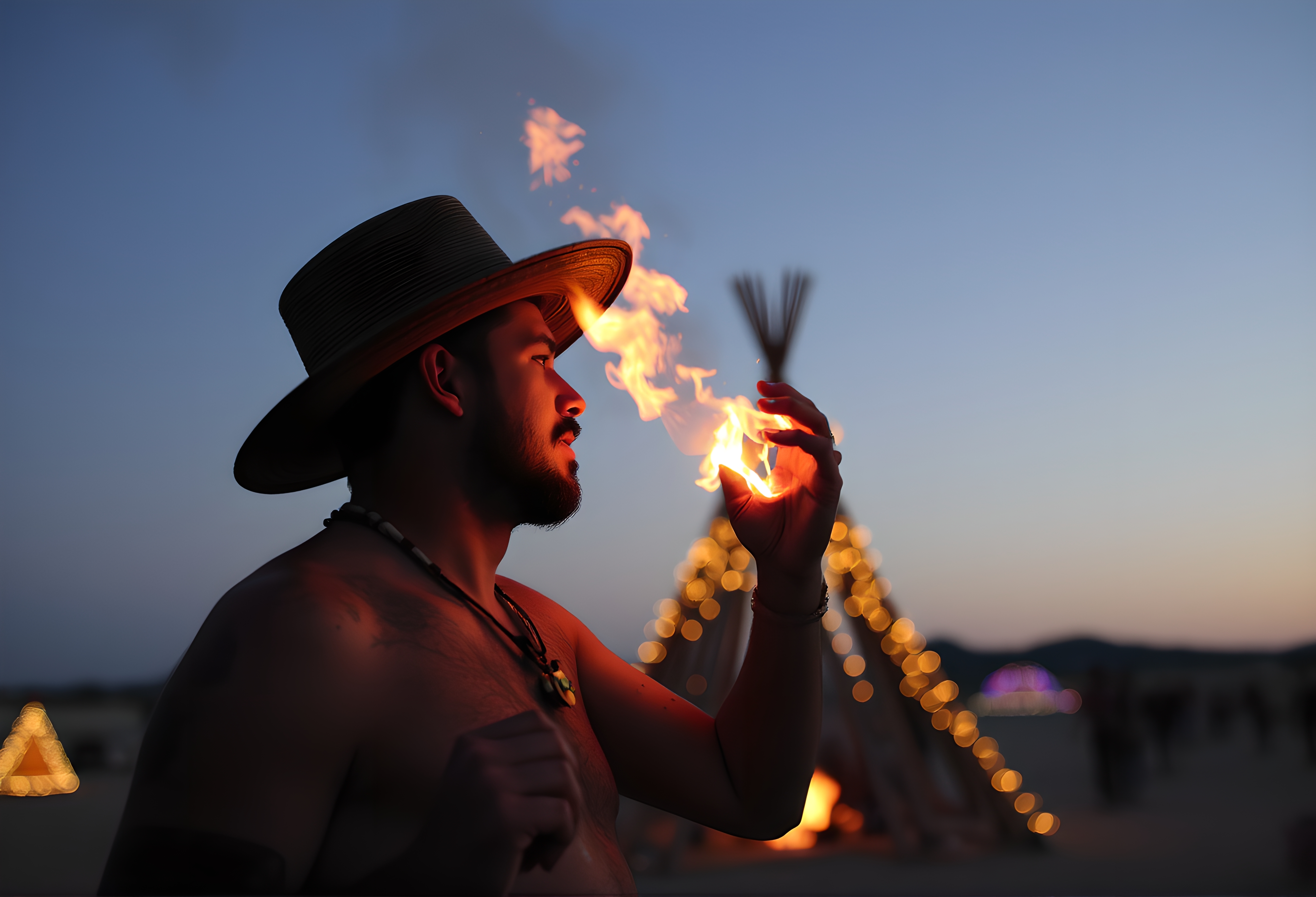 Man holding flame near teepee at festival during twilight with ethereal ambiance.