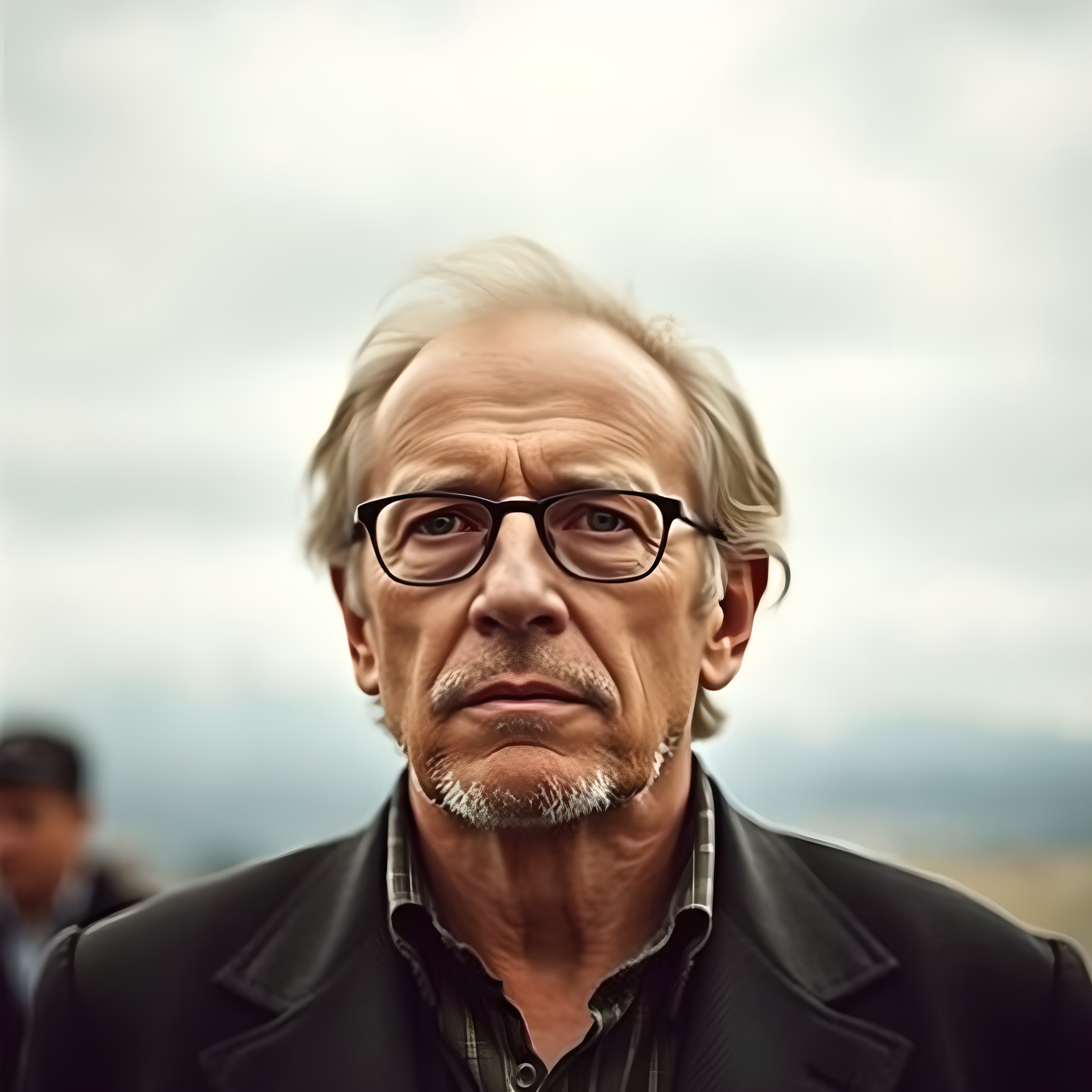 Portrait of an elderly man wearing glasses with a serious expression, outdoors.