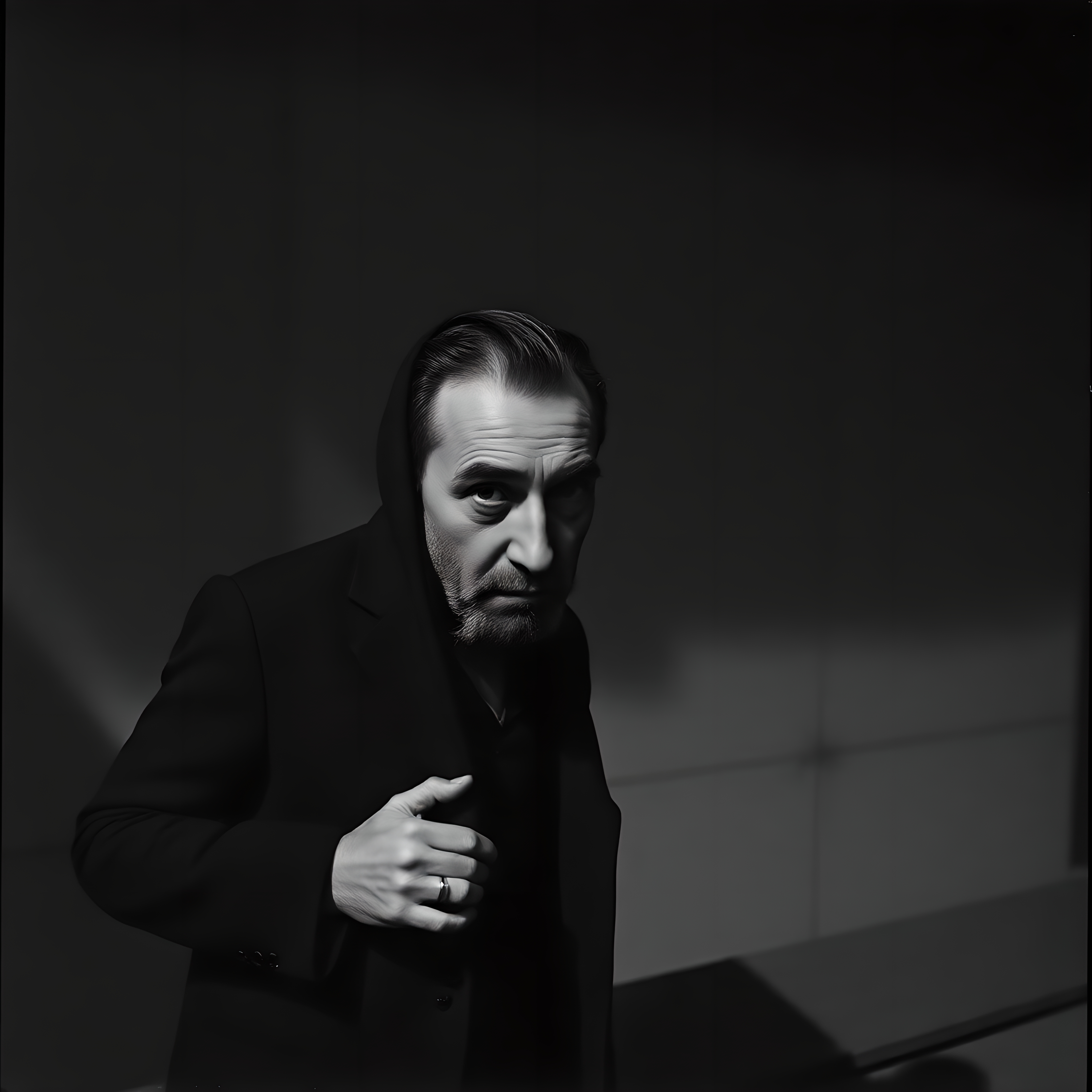 A contemplative man in dramatic shadows wearing a black jacket in a dimly lit environment.