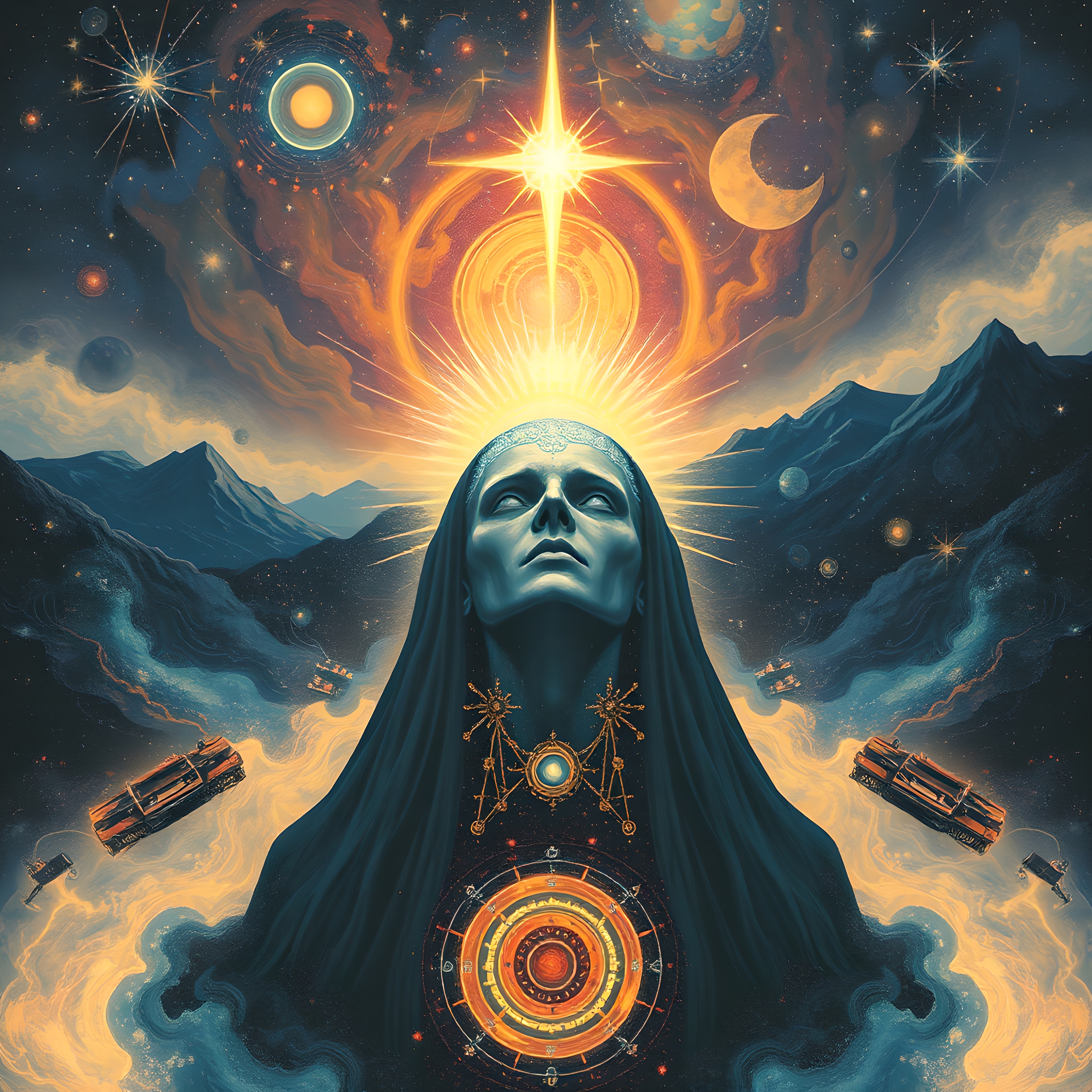 Artistic depiction of a serene blue-faced figure in a cosmic landscape with stars, planets, and mystical symbols.