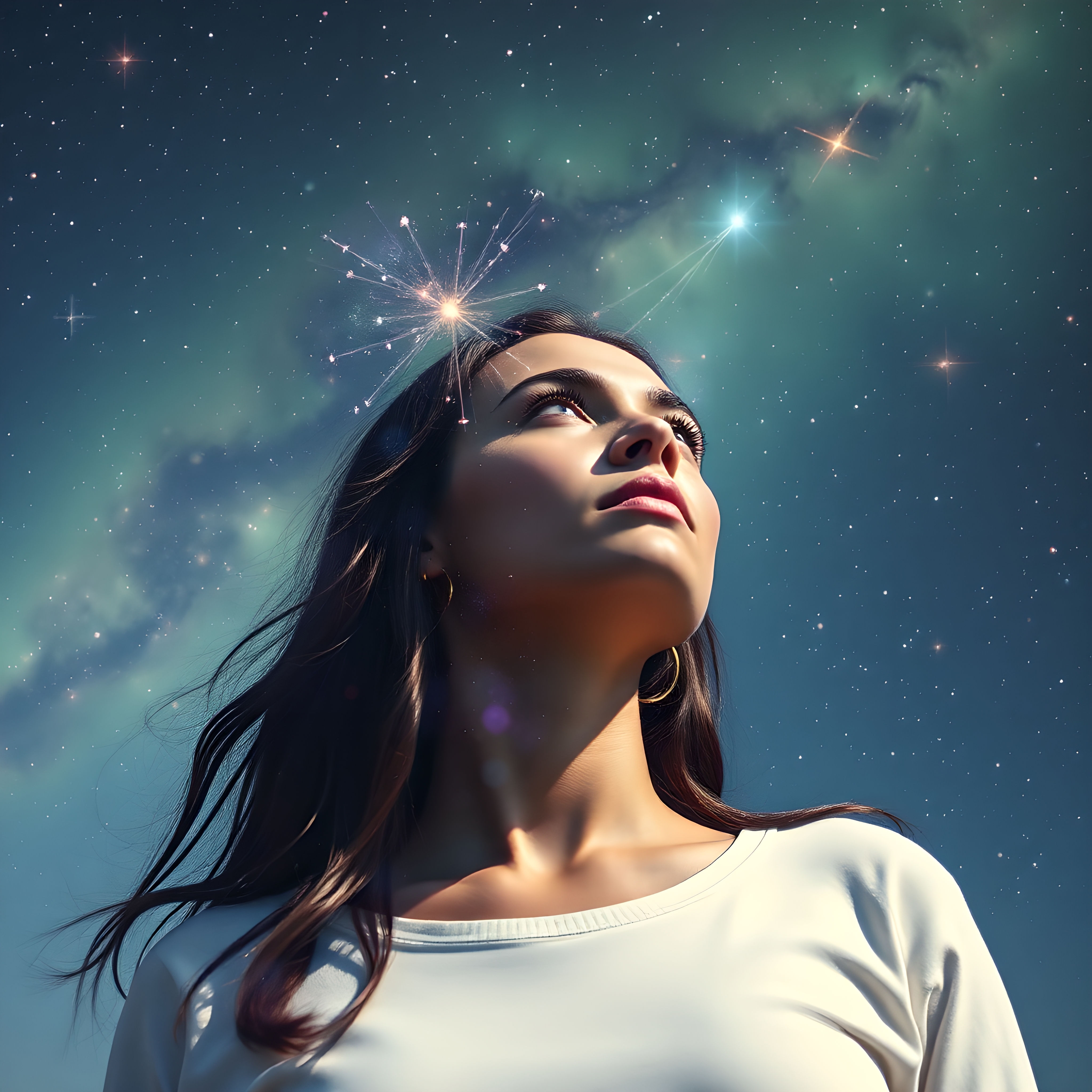 A woman gazes upwards against a starry night sky, suggesting cosmic connectivity and introspection.