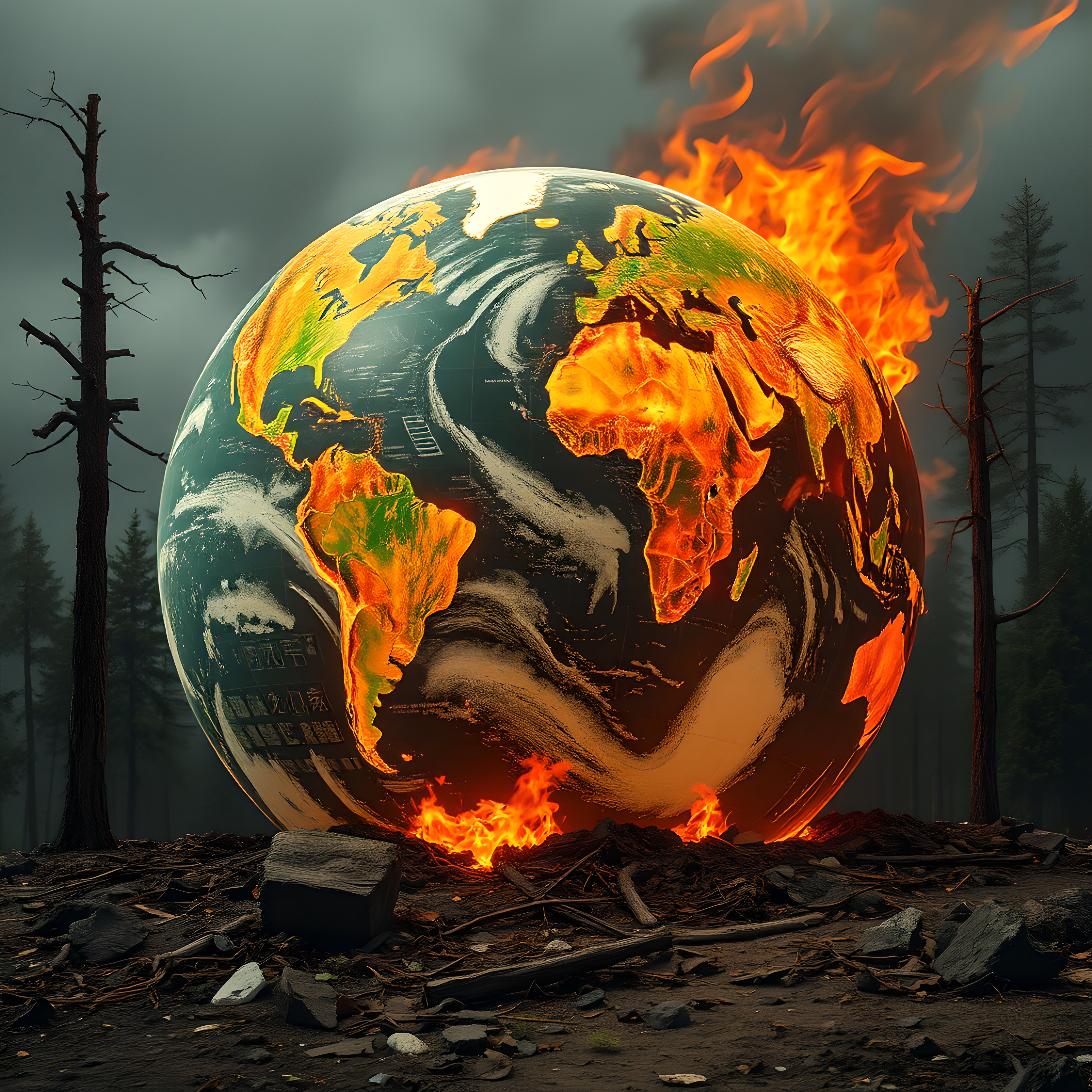 Apocalyptic Earth engulfed in wildfire symbolizing climate crisis and environmental destruction