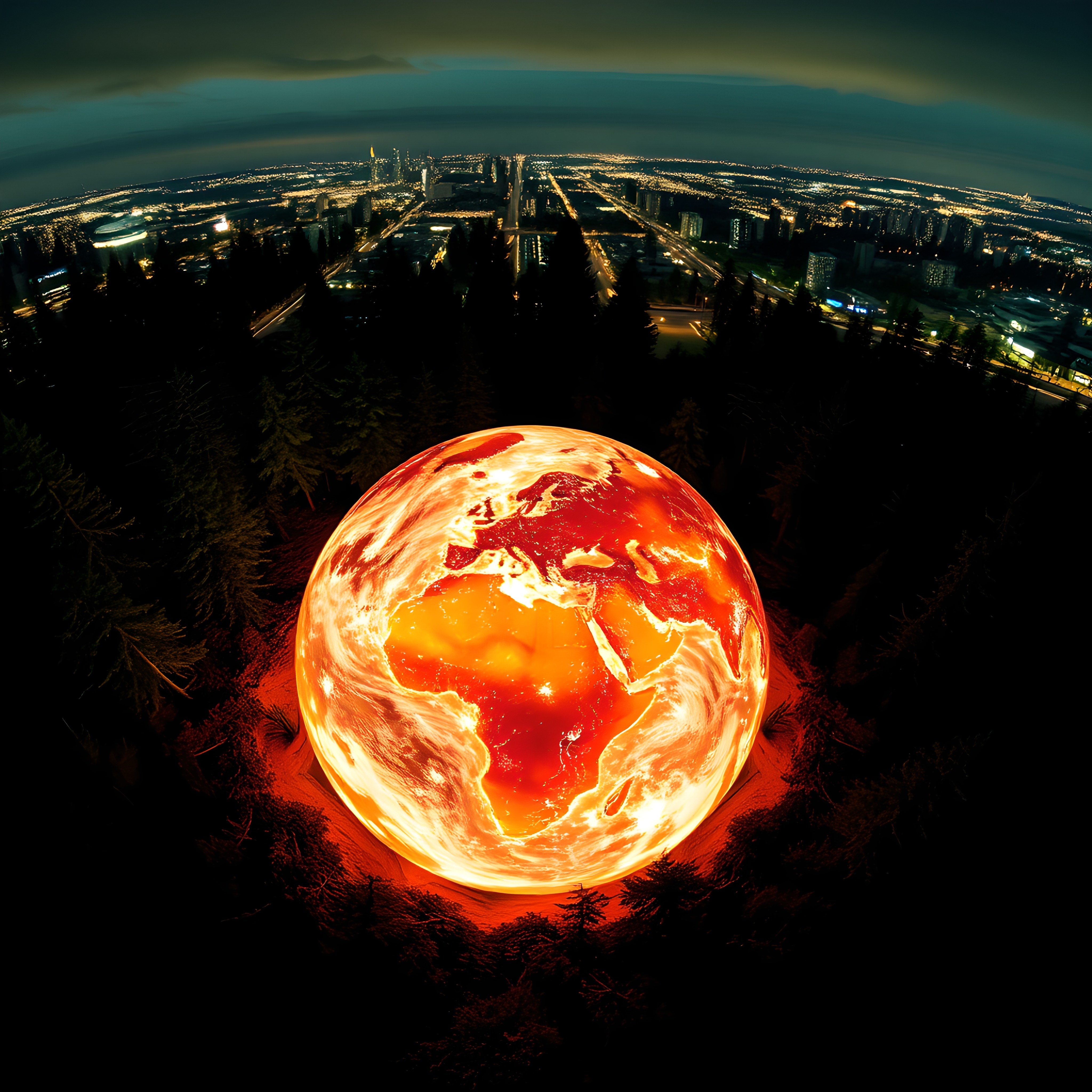 A fiery Earth in a forest, glowing against a city backdrop, symbolizes global warming.