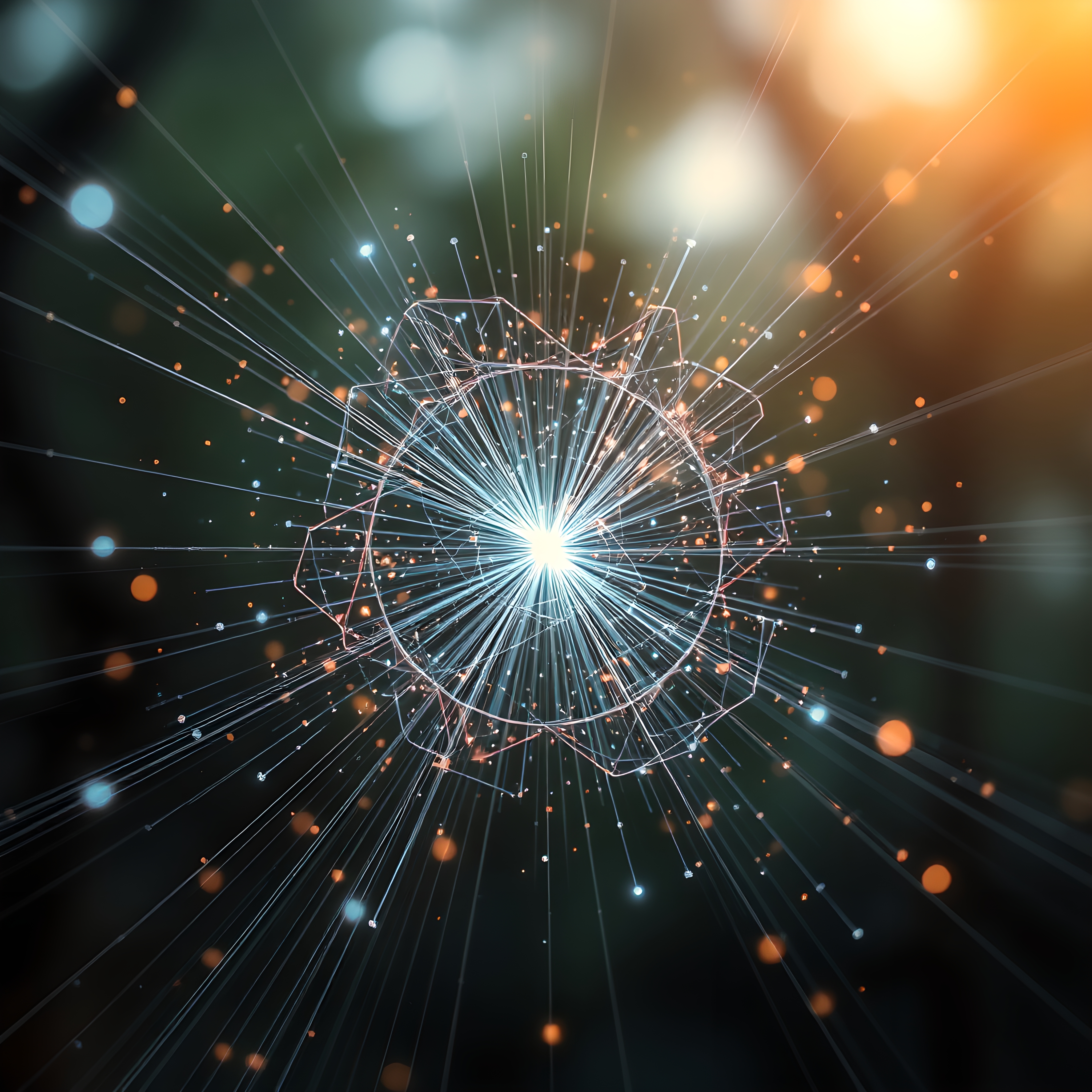 Abstract geometric structure with radiant light burst and particles on a contrasting background.