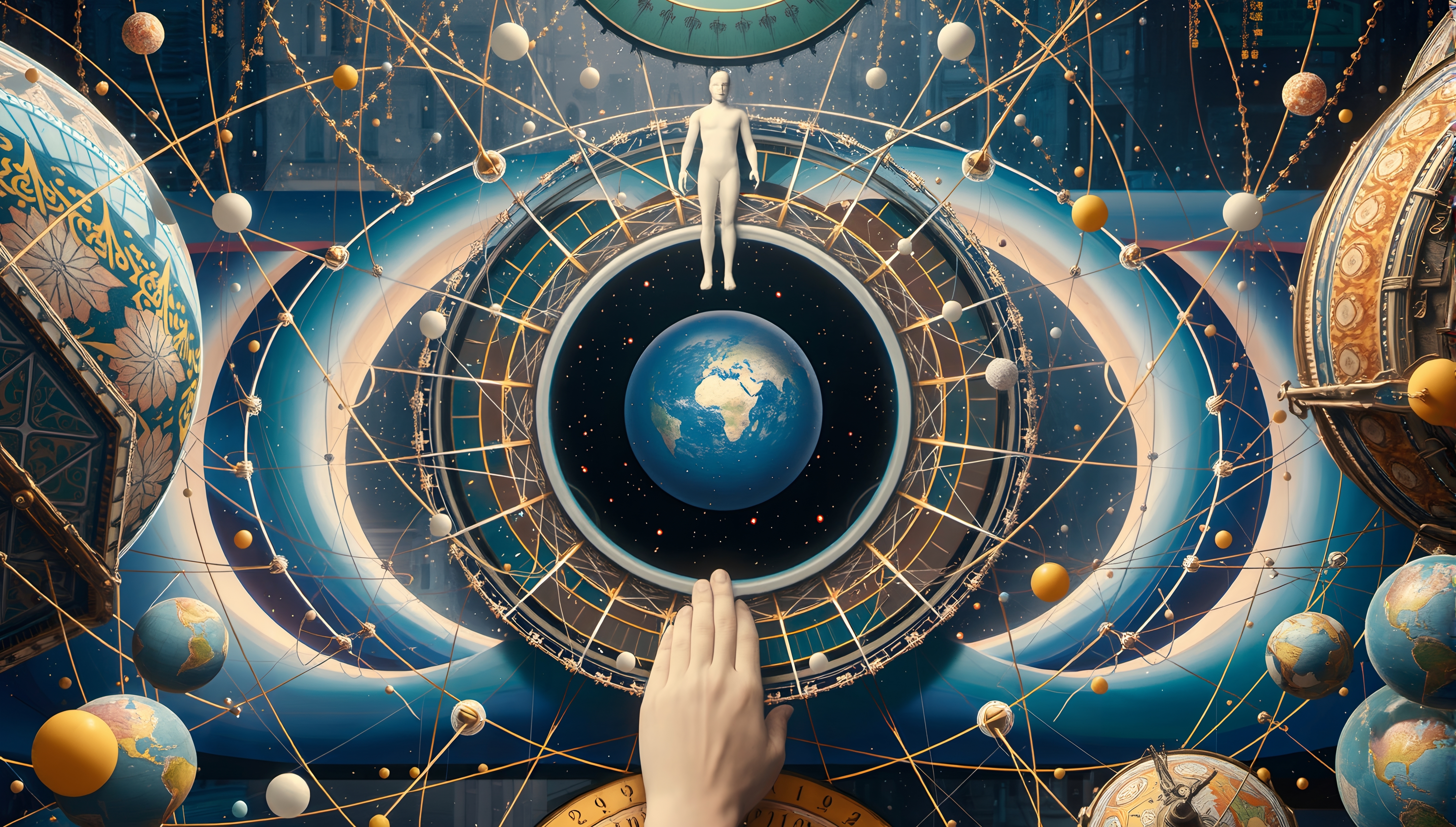 Artistic representation of celestial bodies, planets, and human connection in a colorful cosmic scene.