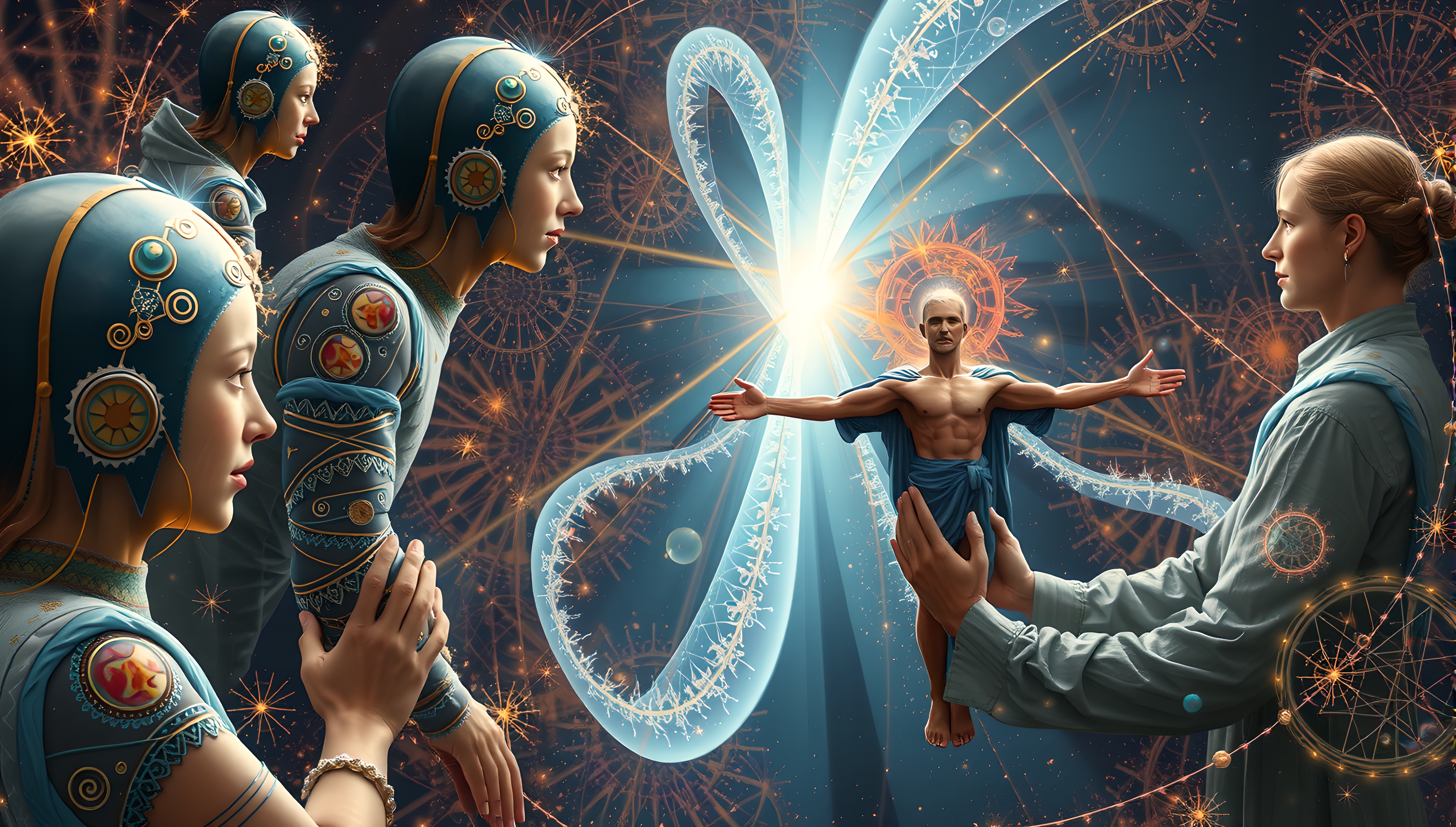 Mystical beings gather around radiant deity during celestial awakening ritual