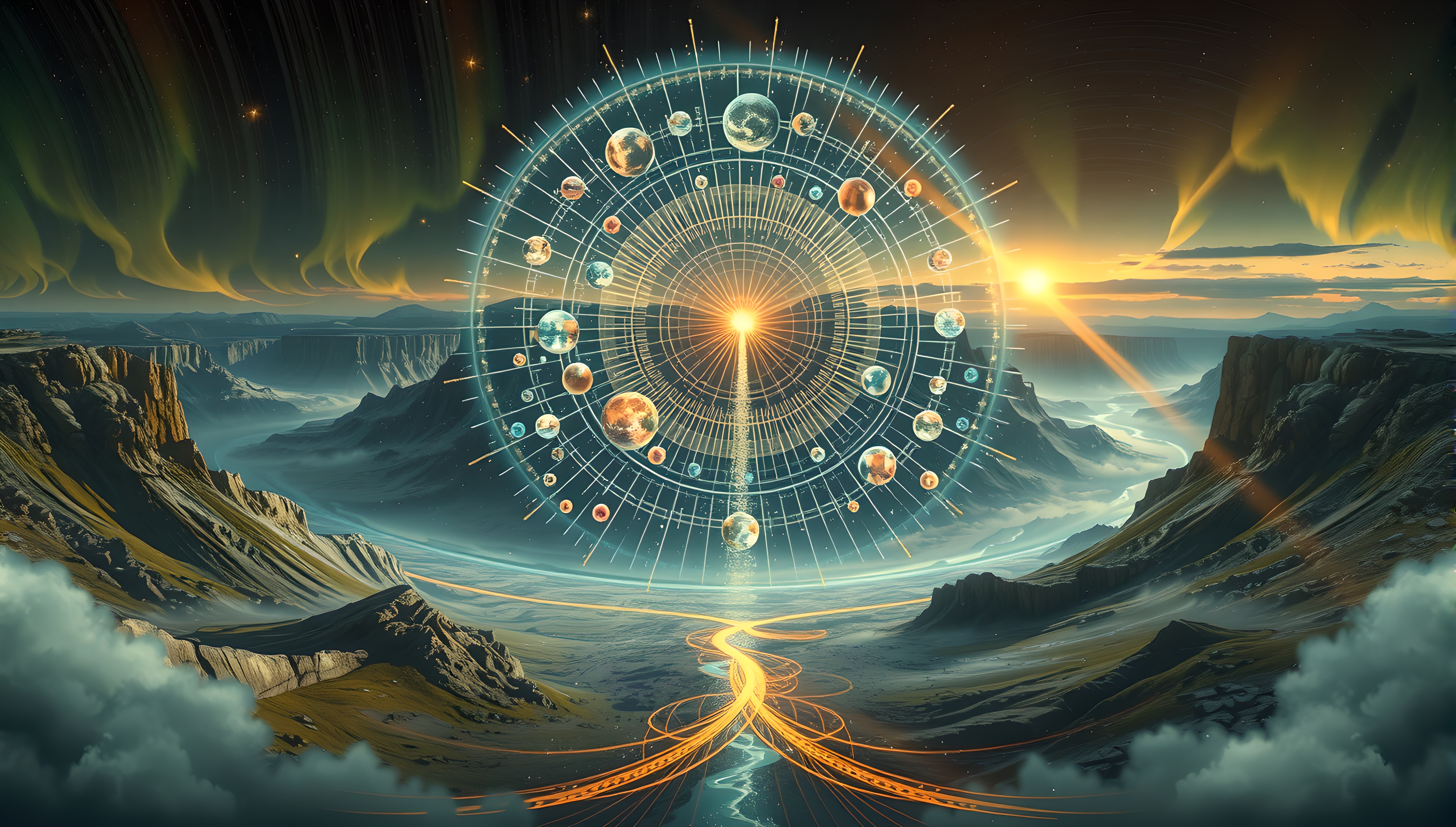 Cosmic wheel floating above mountain valley during aurora borealis sunrise with glowing planets and energy streams
