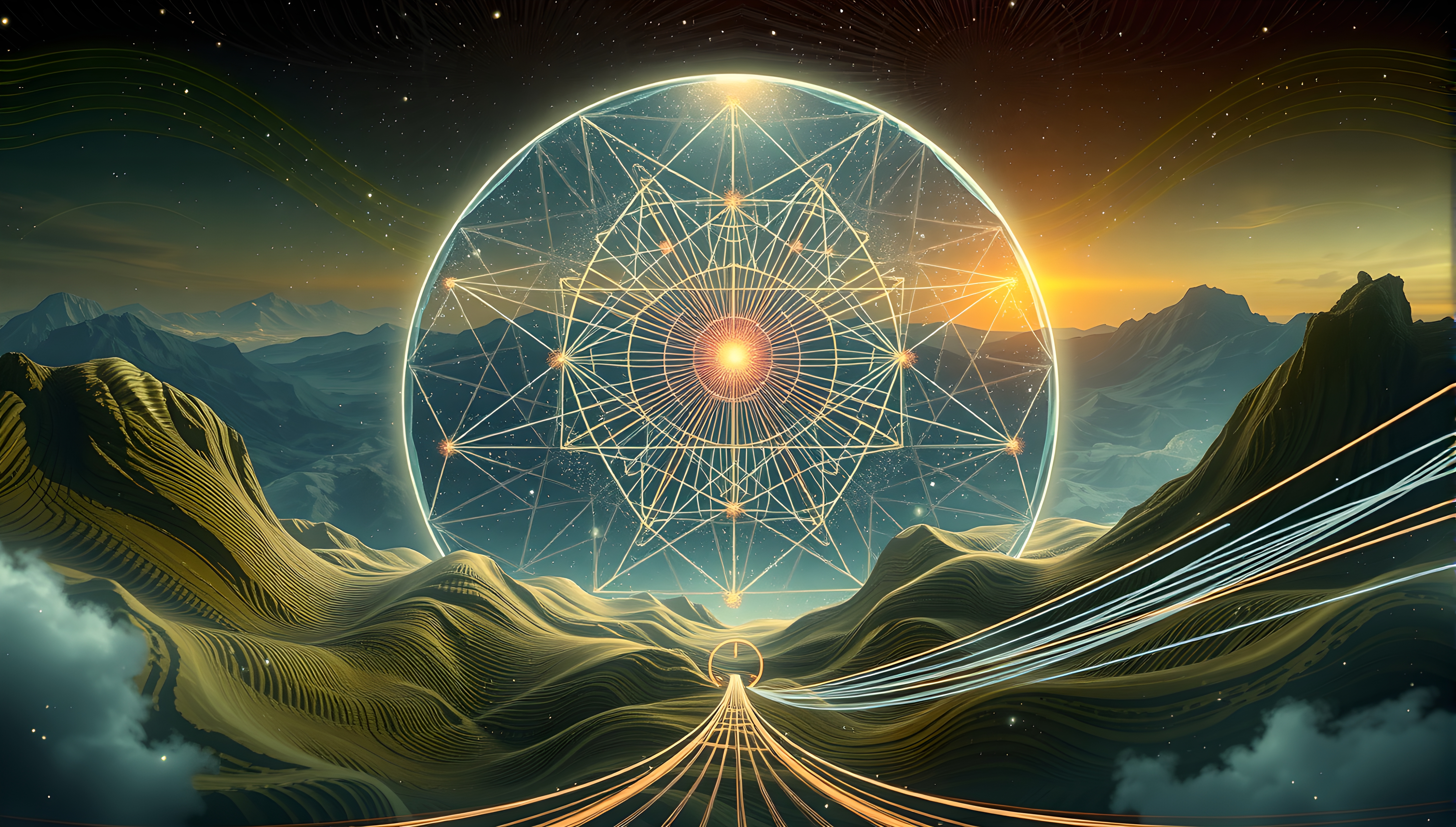 Sacred geometry portal over mystic mountainscape under starry skies
