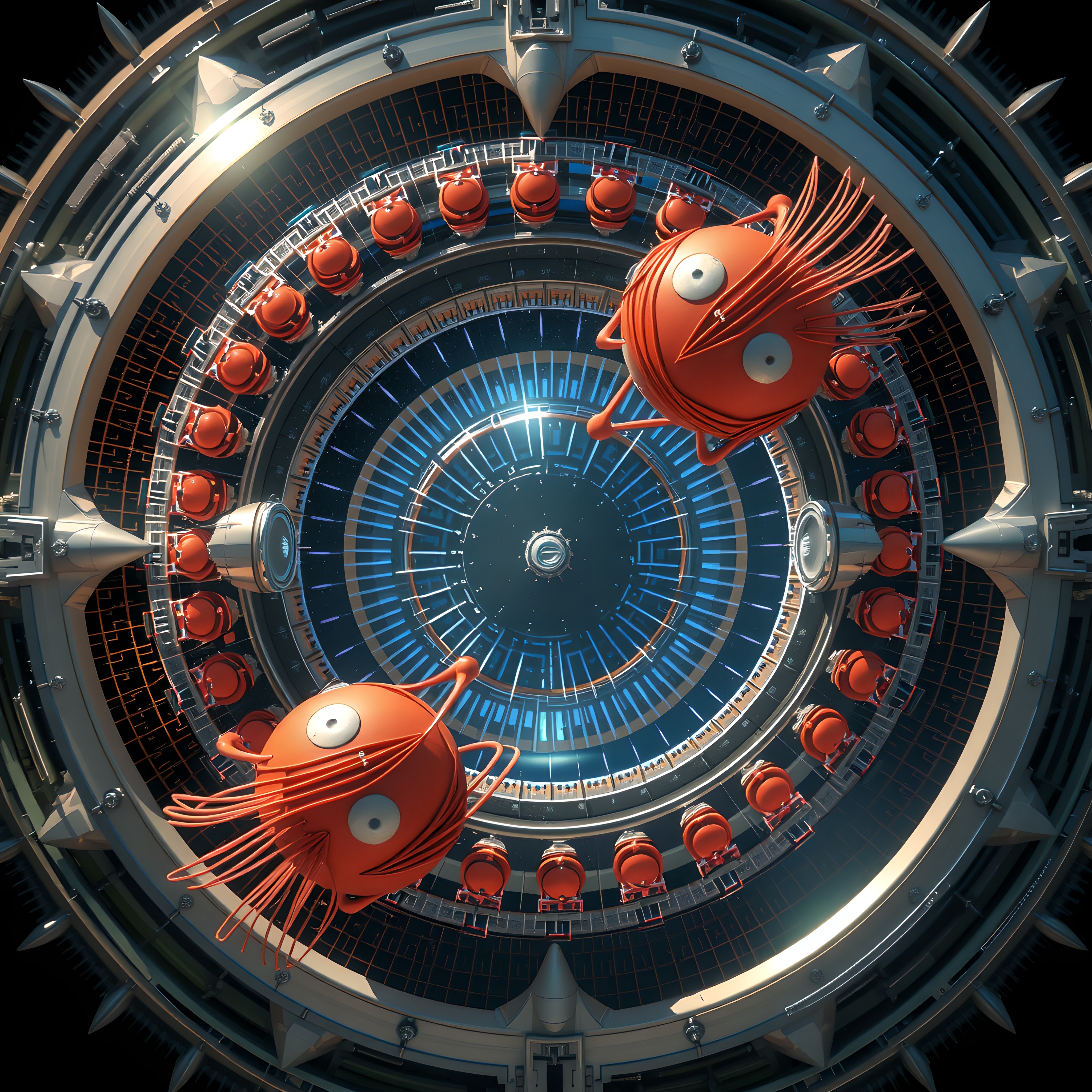 Whimsical futuristic mechanical scene with expressive orange figures.