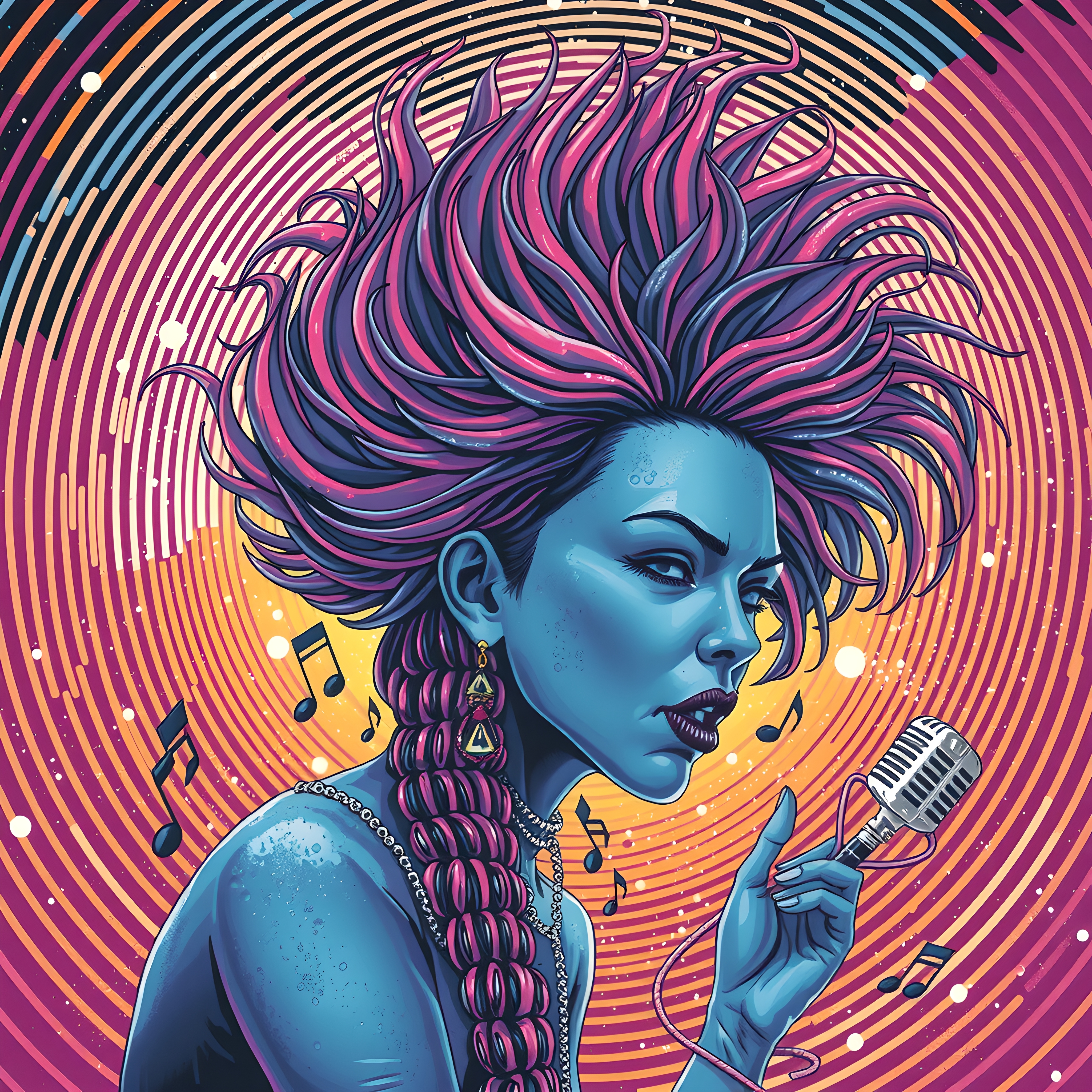 An intense blue-skinned singer holds a retro microphone amidst swirling vibrant colors and musical notes.